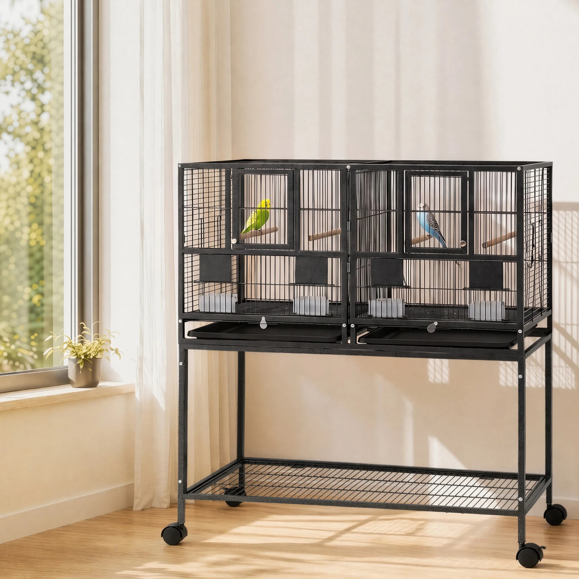 9 i.Pet 2-in-1 Bird Cage Aviary with Divider Parrot Budgie Wheels - Black, 9 of 9