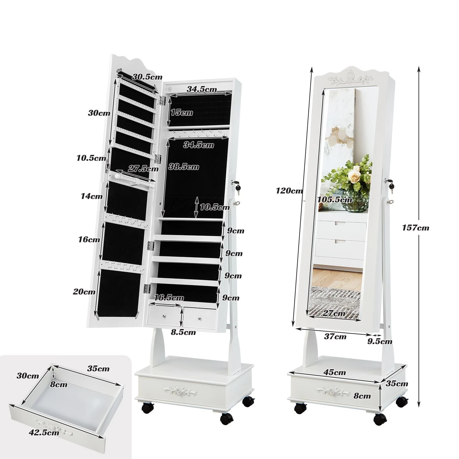 4 Costway Mobile Mirror Jewellery Cabinet Makeup Jewelry Storage Organizer Box w/LED Drawers - White, 4 of 5