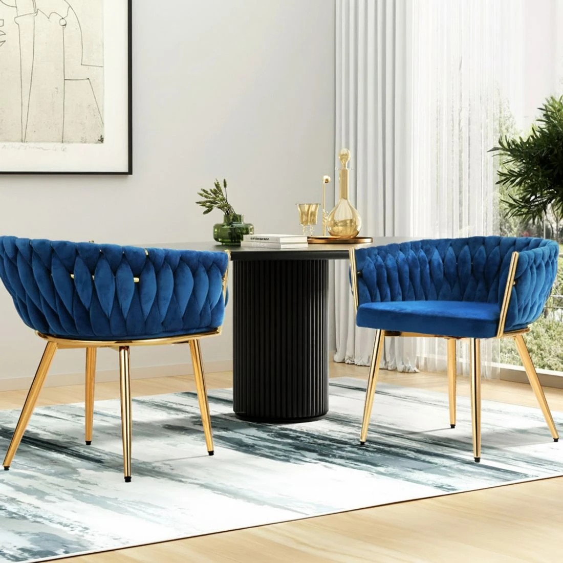 3 1 Set of 2 Artiss Dining Chairs Velvet Weaving Armchair - Blue, 3 of 5