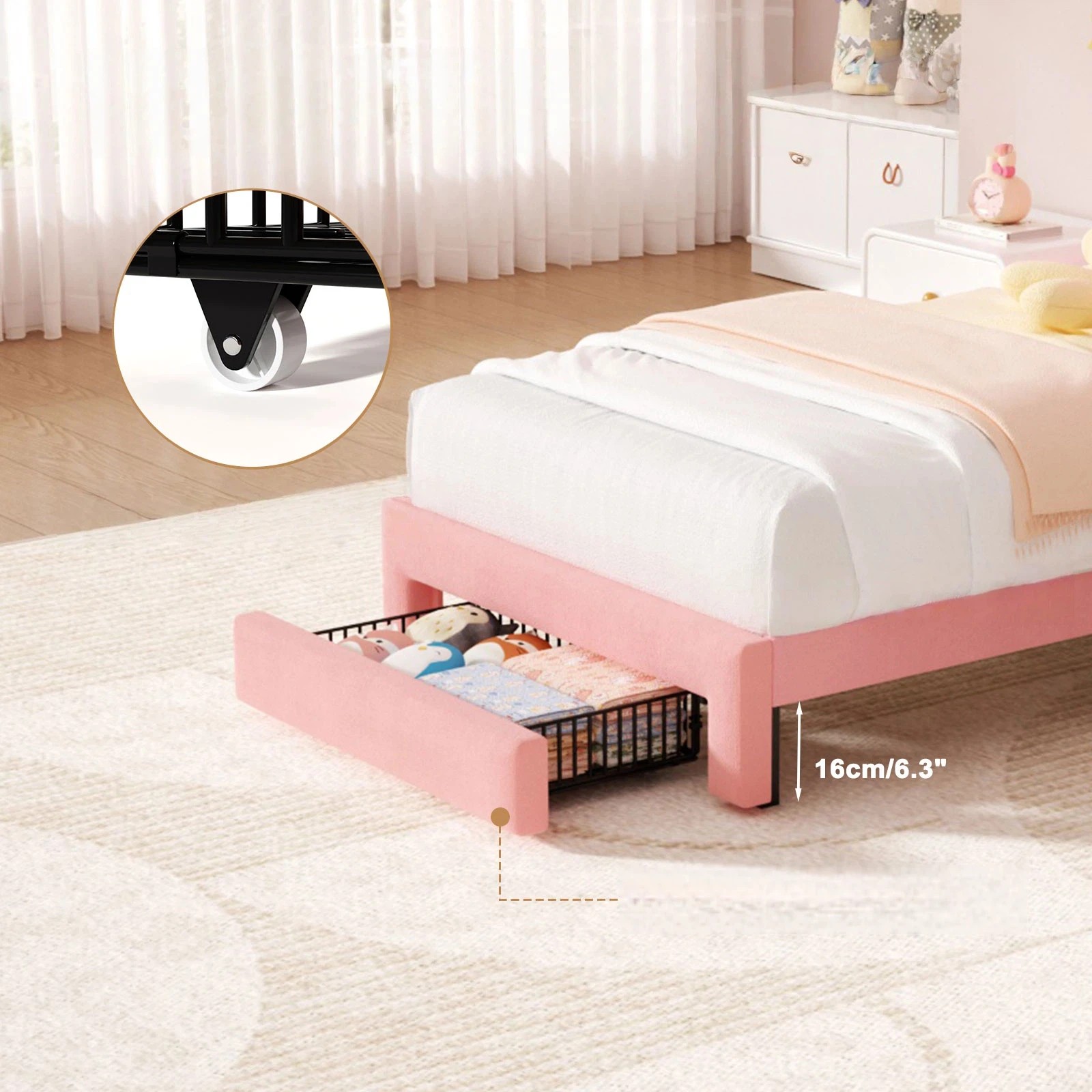 4 Advwin LED Bed Frame with Adjustable Headboard and Drawer USB Velvet King Single - Pink, 4 of 10