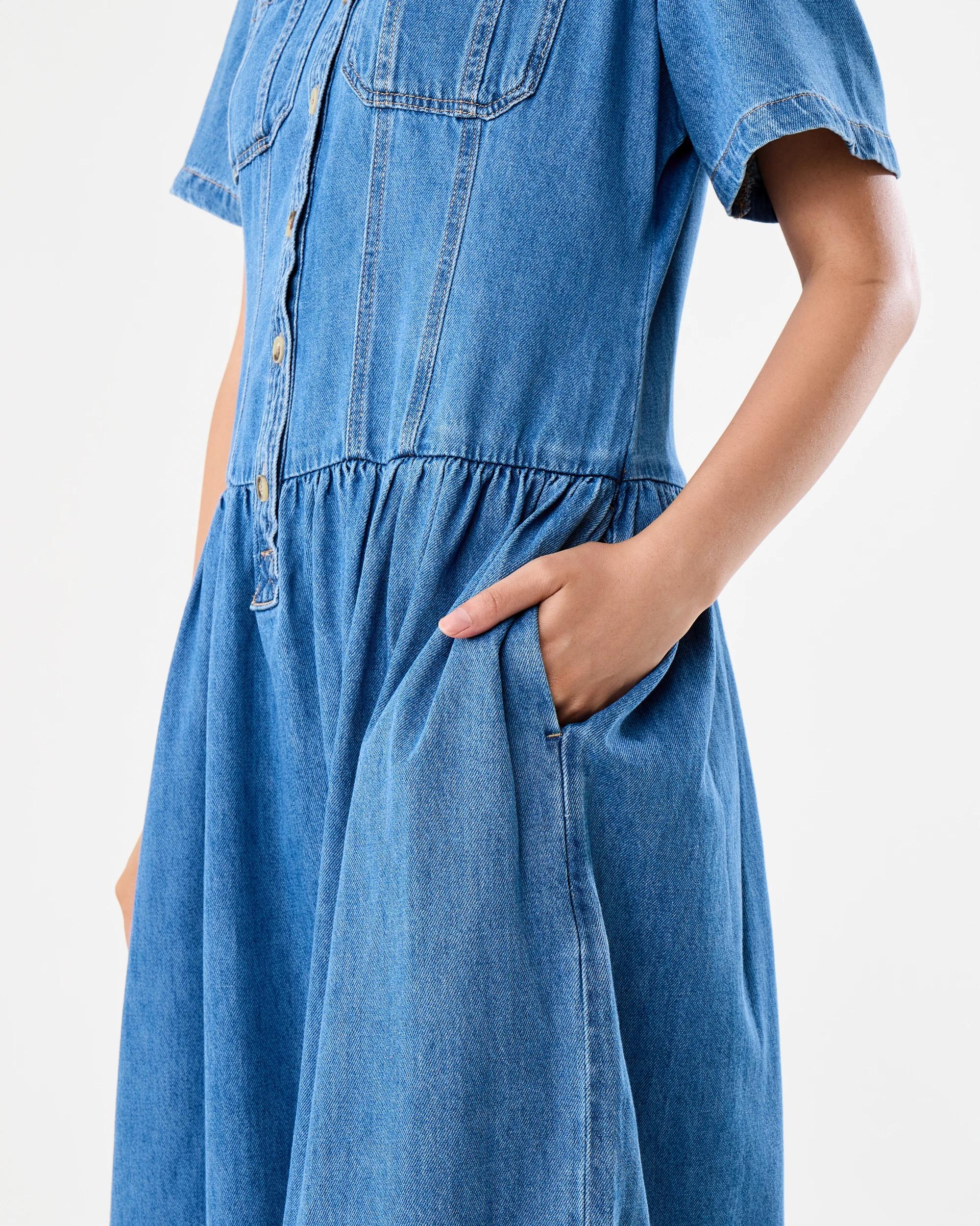 7 Short Sleeve Denim Button Through Midi Dress Dark Wash, 7 of 9
