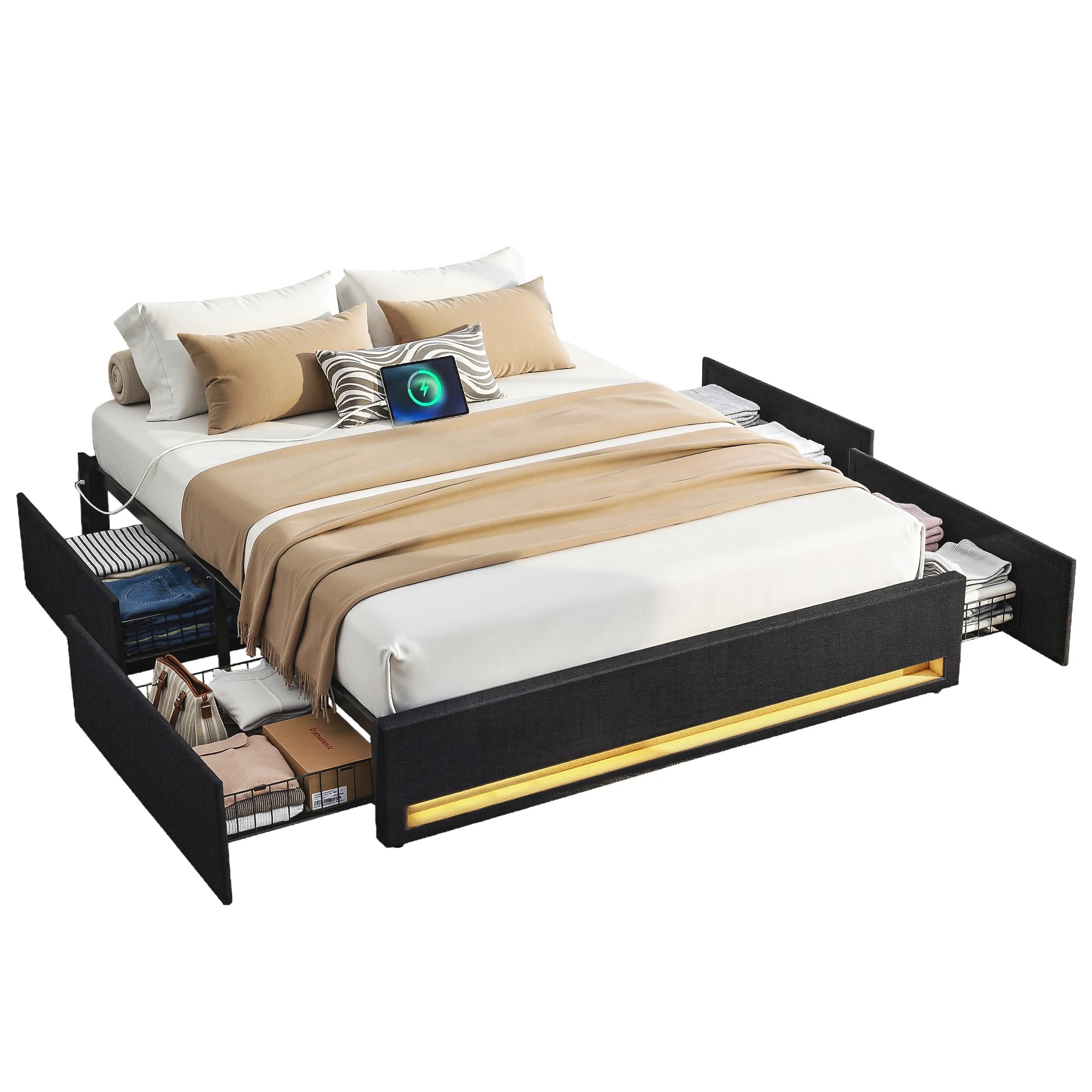 1 Artiss Double Bed Frame with Storage Drawers RGB Lights Charging Station Upholstered Fabric - Black, 1 of 5