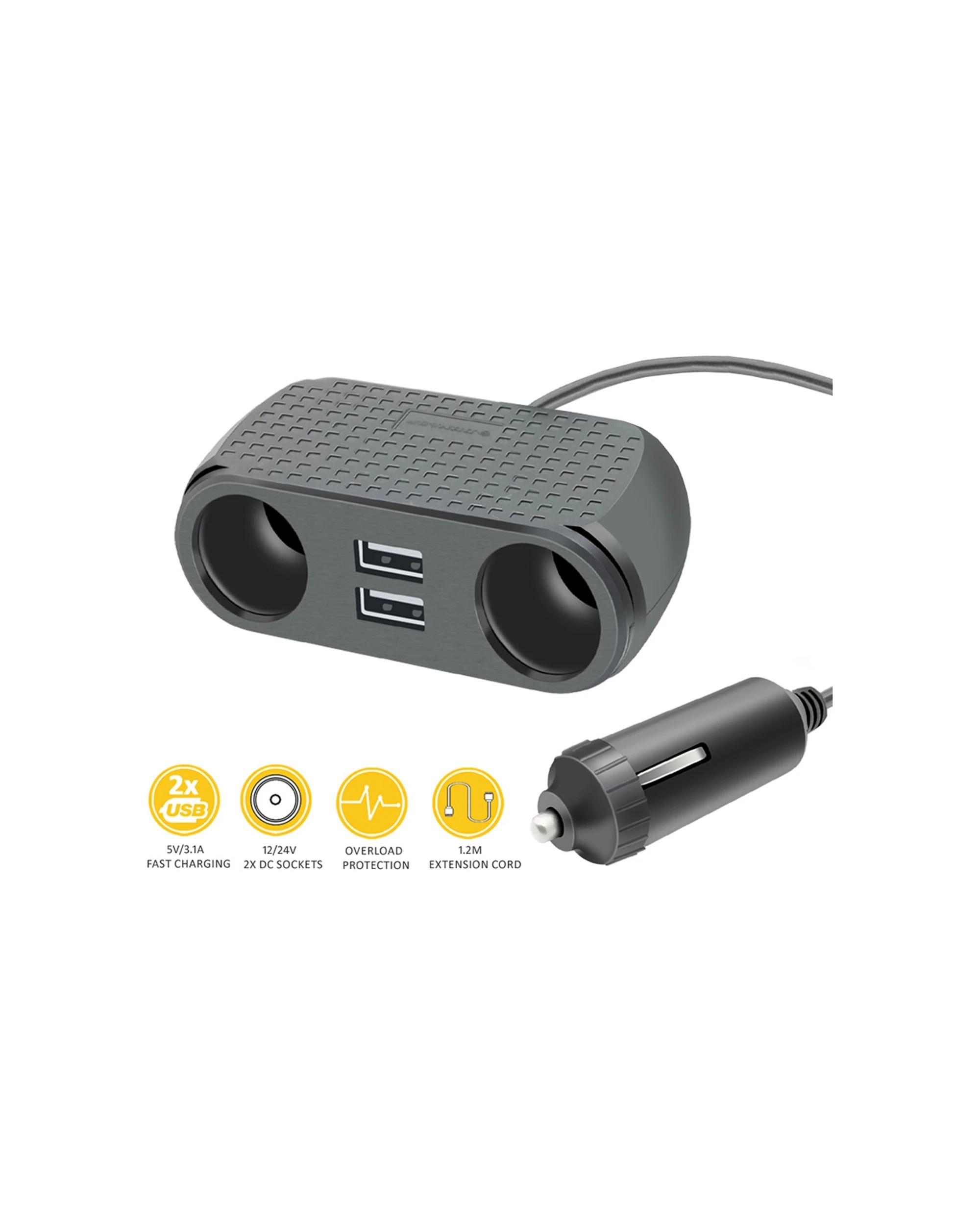 2 Sansai Phone GPS Tablets Car Charger 2xUSB 2xDC Socket Cigarette Lighter - Grey, 2 of 3