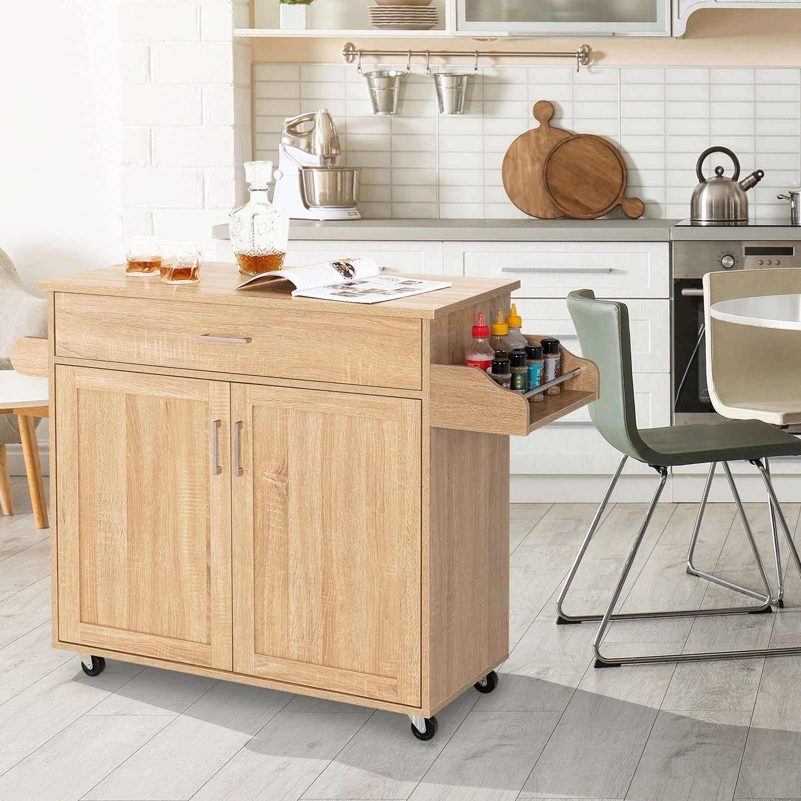 2 Costway Rolling Kitchen Island Trolley Sideboard Buffet Cart - Natural, 2 of 2