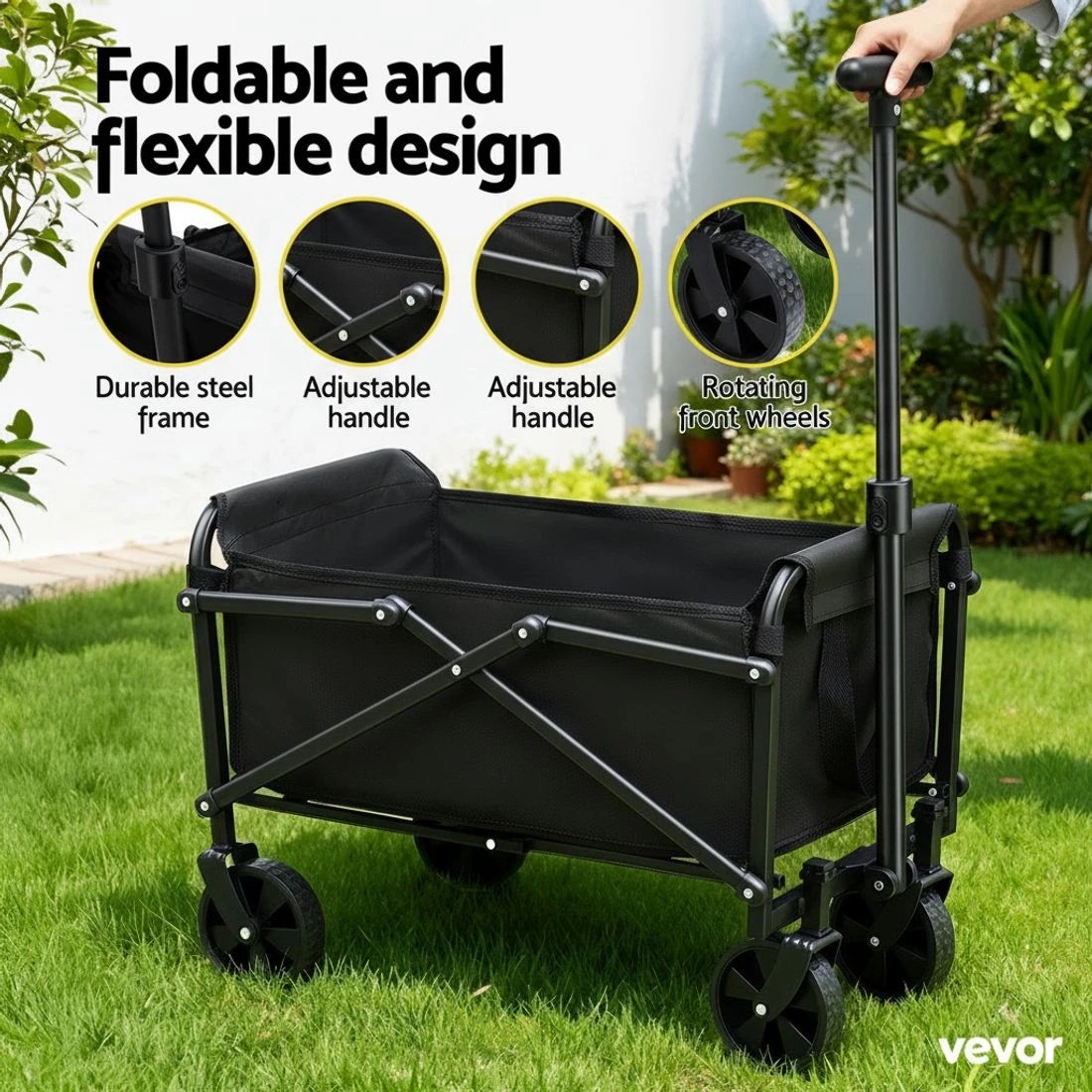 4 Gardeon Garden Cart Folding Trolley Camping Wagon Barrow Outdoor Beach - Black, 4 of 8