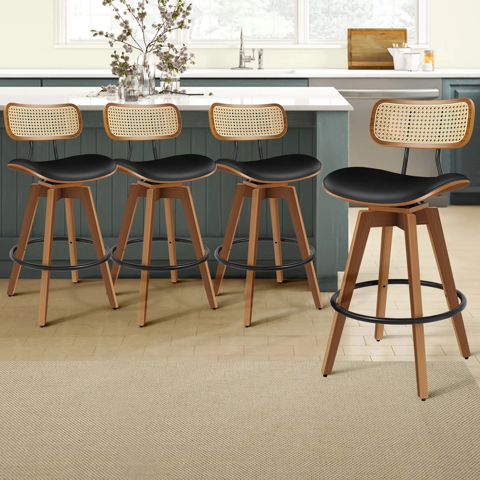 3 Alfordson 4x Bar Stools Kitchen Vintage Leather Seat Rattan Chair - Black, 3 of 10