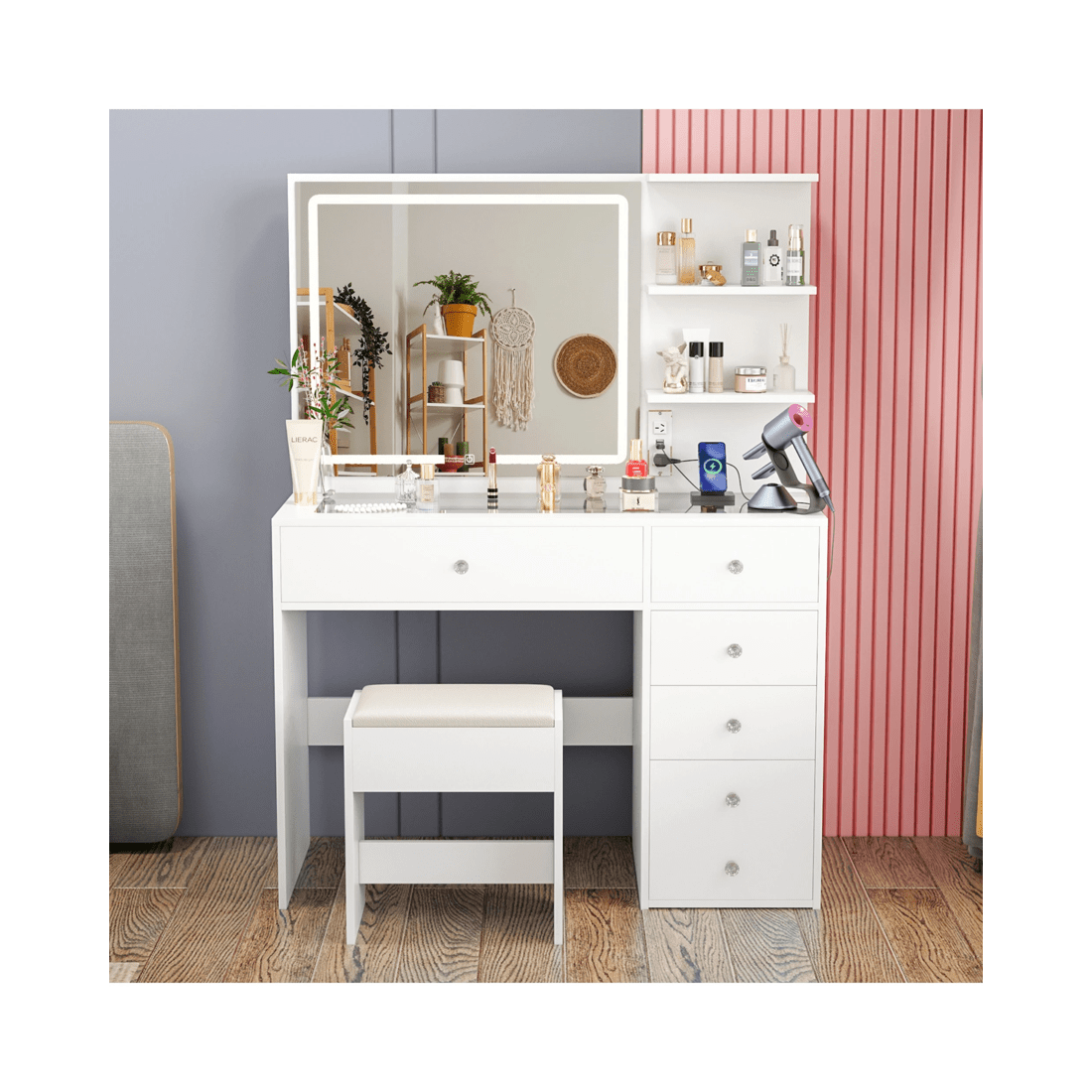 7 Advwin Dressing Table Stool Set Charging Station Lights Glass Tabletop Vanity Desk, 7 of 10