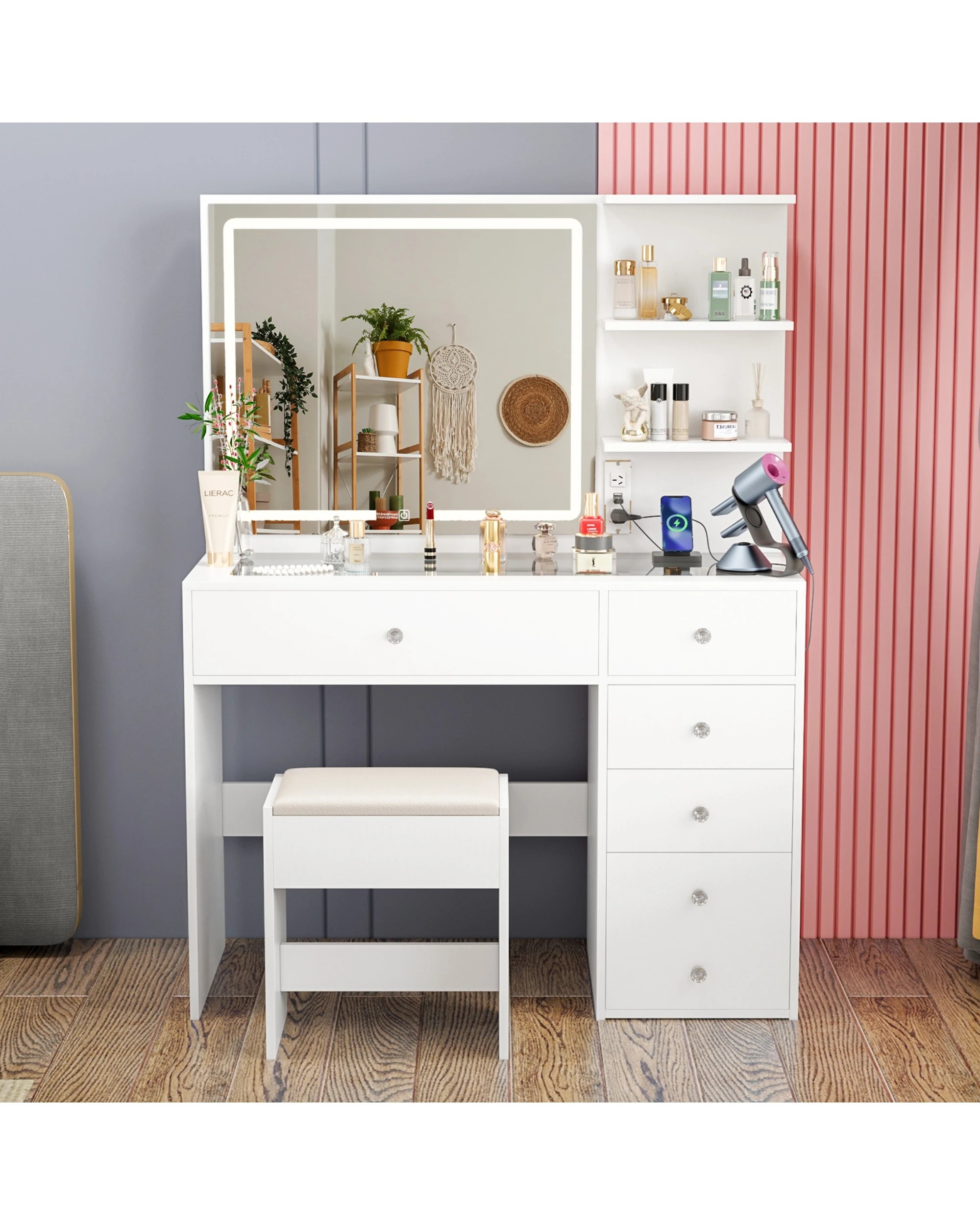 7 Advwin Dressing Table Stool Set Charging Station Lights Glass Tabletop Vanity Desk, 7 of 10