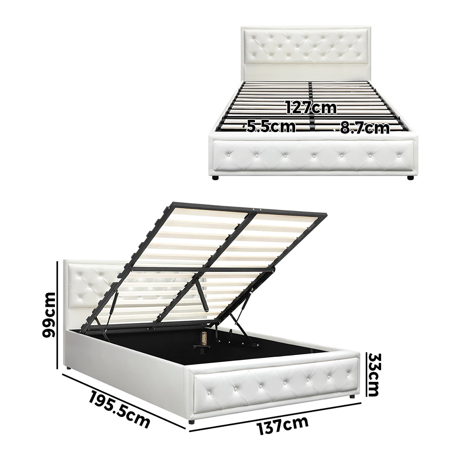 10 Oikiture Double Bed Frame Gas Lift Base With Storage Enzo
 - White, 10 of 10