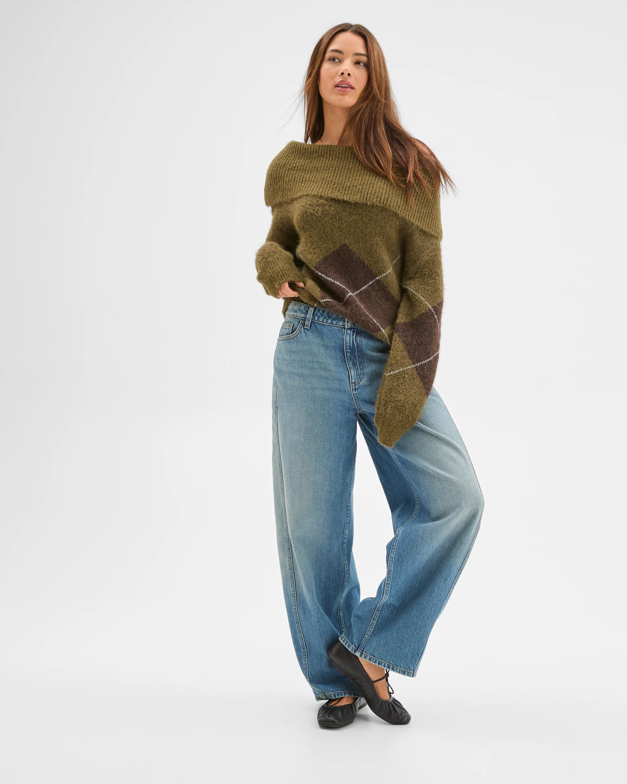 1 Lily Loves Fold Neck Argyle Jumper DEEP MOSS, 1 of 6