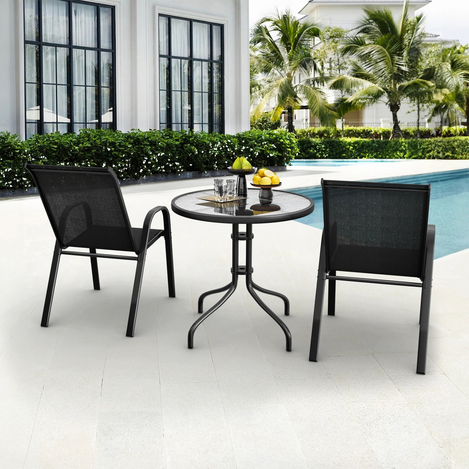 4 Alfordson 3PCS Outdoor Furniture Patio Table and Chairs Set Garden Round - Black, 4 of 10