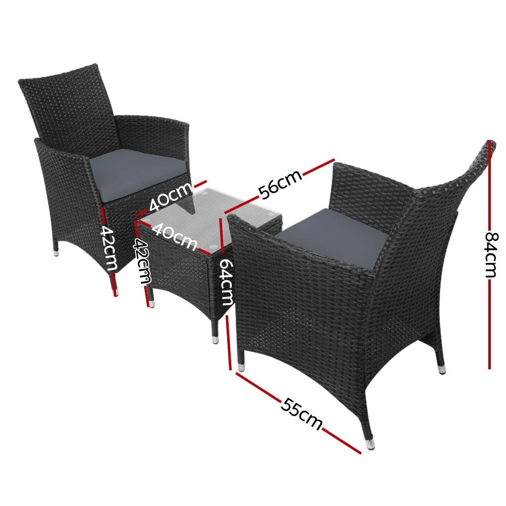 2 Gardeon 3PC Outdoor Bistro Set Patio Furniture Wicker Setting Chairs Table Cushion - Black, 2 of 8