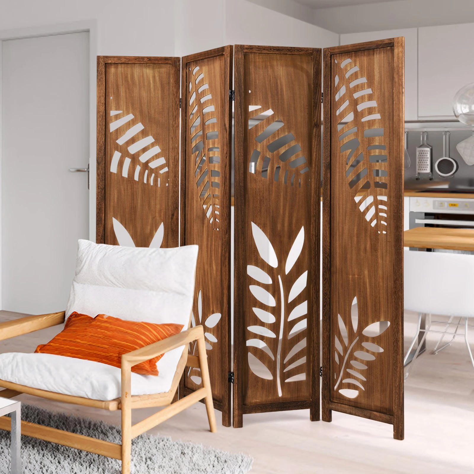 2 Costway 4-Panel Partition Room Divider w/Carved Leaf Pattern Folding Screen Privacy Stand, 2 of 6