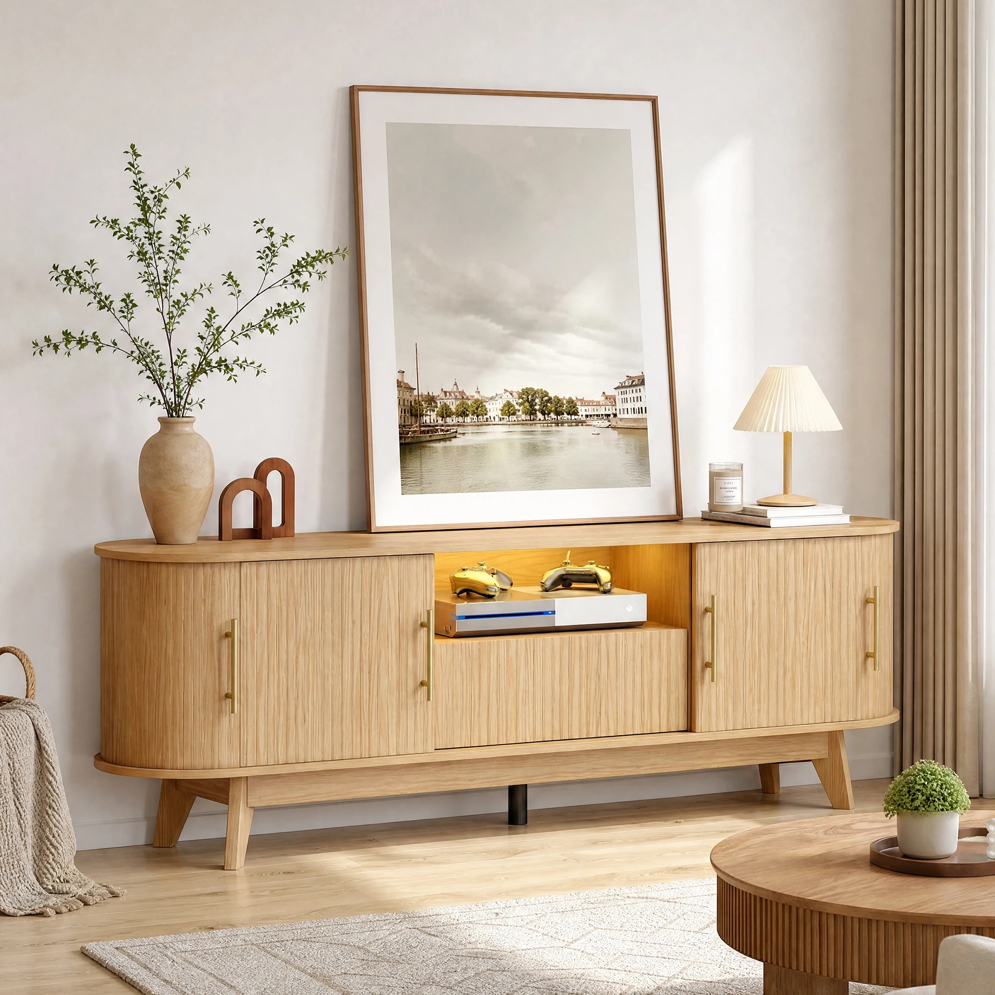 10 Advwin 160cm TV Unit Cabinet with Power Outlet and LED Light Entertainment Center TV Stand with Sliding Door - Natural, 10 of 10
