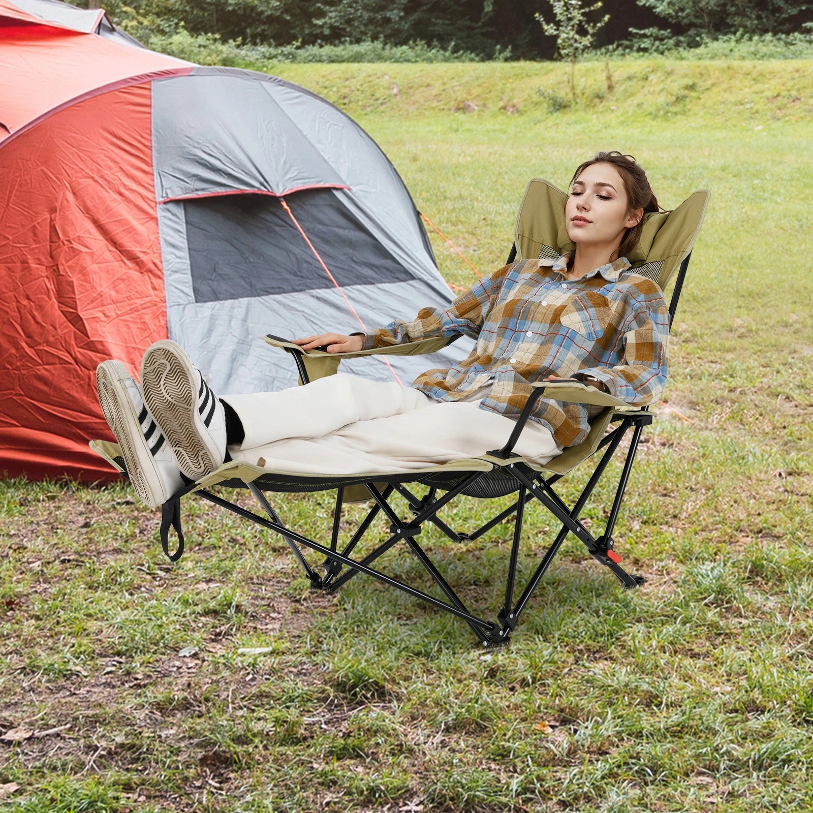 2 Costway 2 in 1 Folding Camping Lounge Chair Ourdoor Reclining w/Detachable Footrest - Grey, 2 of 3