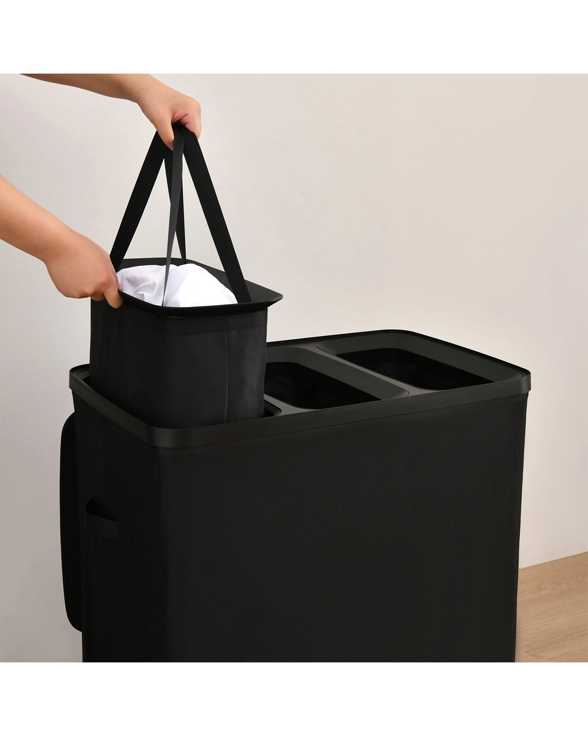 2 Sherwood Voyager 3-Section Laundry Hamper 120L Faux Linen 64x40x67cm - Black, 2 of 10