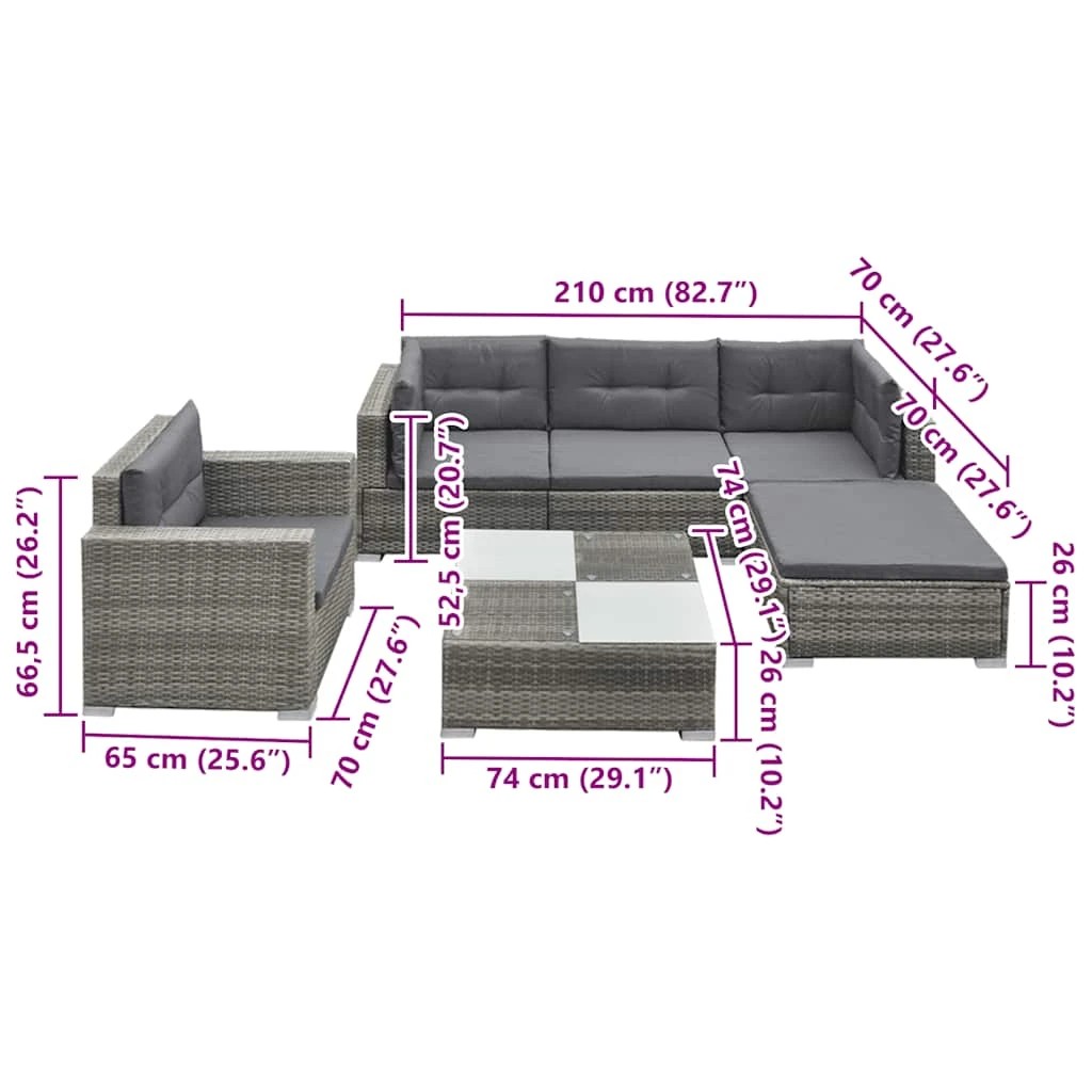6 vidaXL 6 Piece Garden Lounge Set With Cushions Poly Rattan - Grey, 6 of 8
