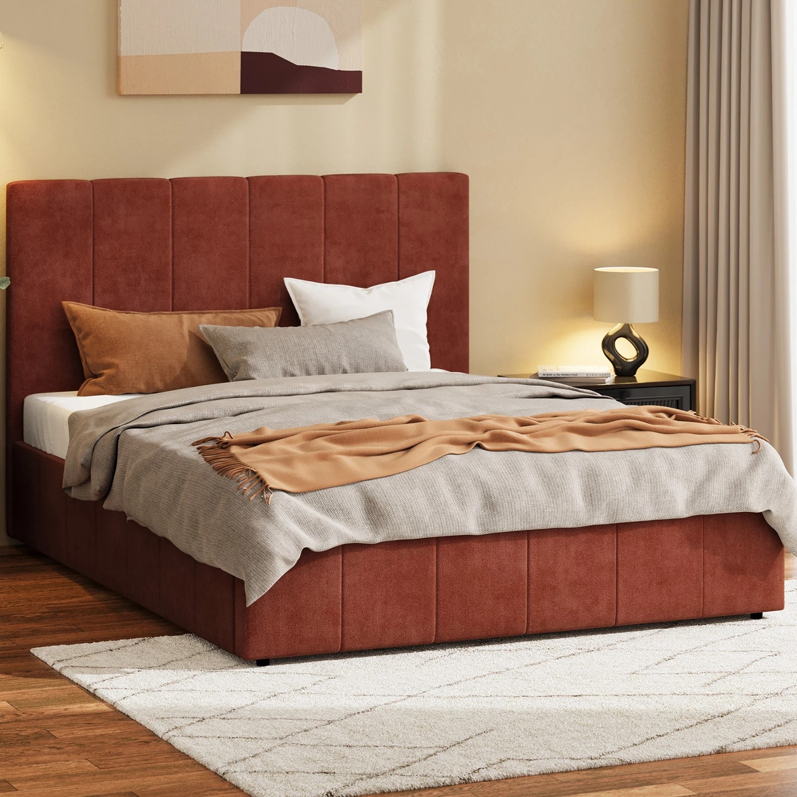 1 Oikiture Bed Frame Double Size Beds Gas Lift Mattress Base Fluted Headboard - Brown, 1 of 9