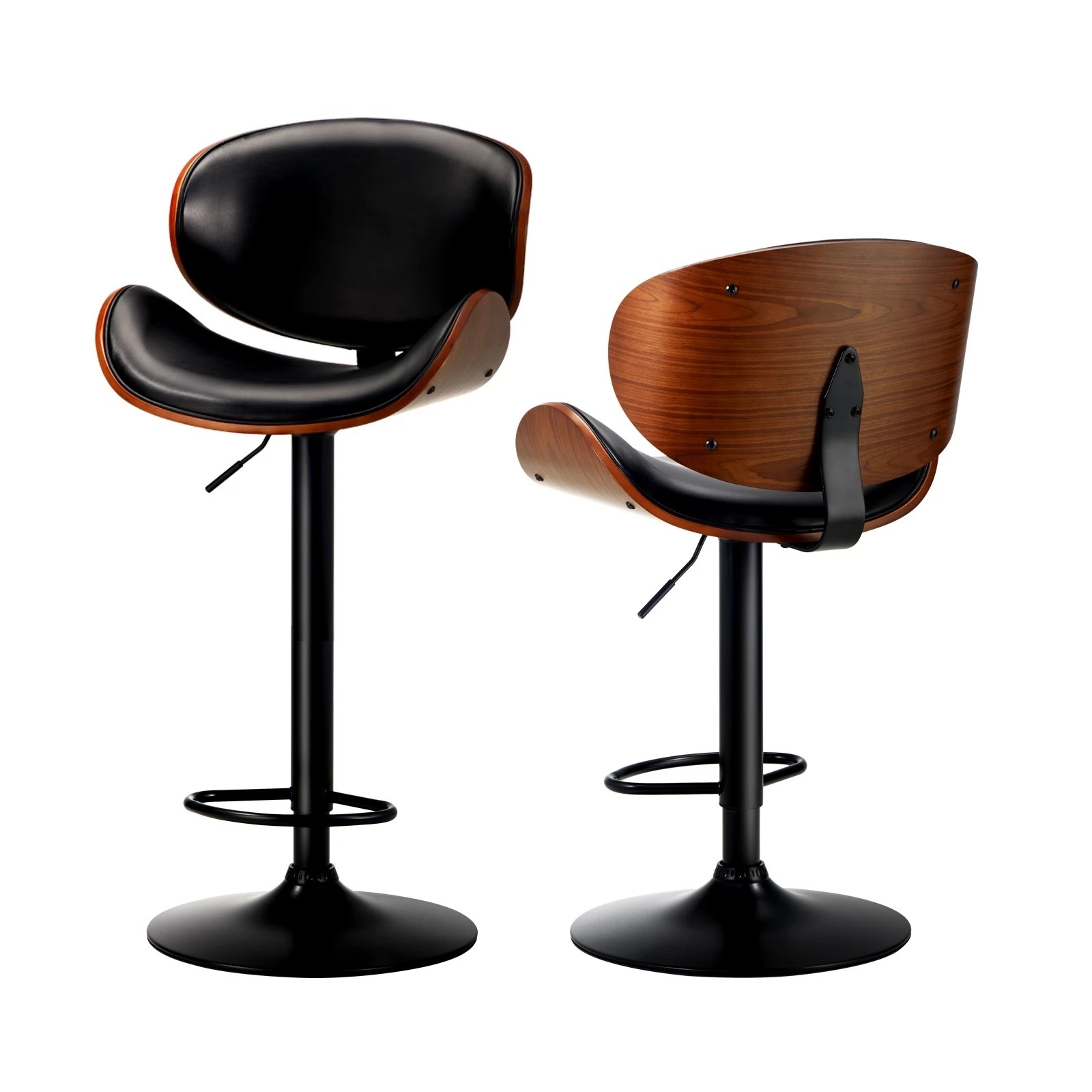 1 Oikiture 2x Bar Stools Kitchen Stool Swivel Chair Wooden Leather Gas Lift
 - Black, 1 of 10