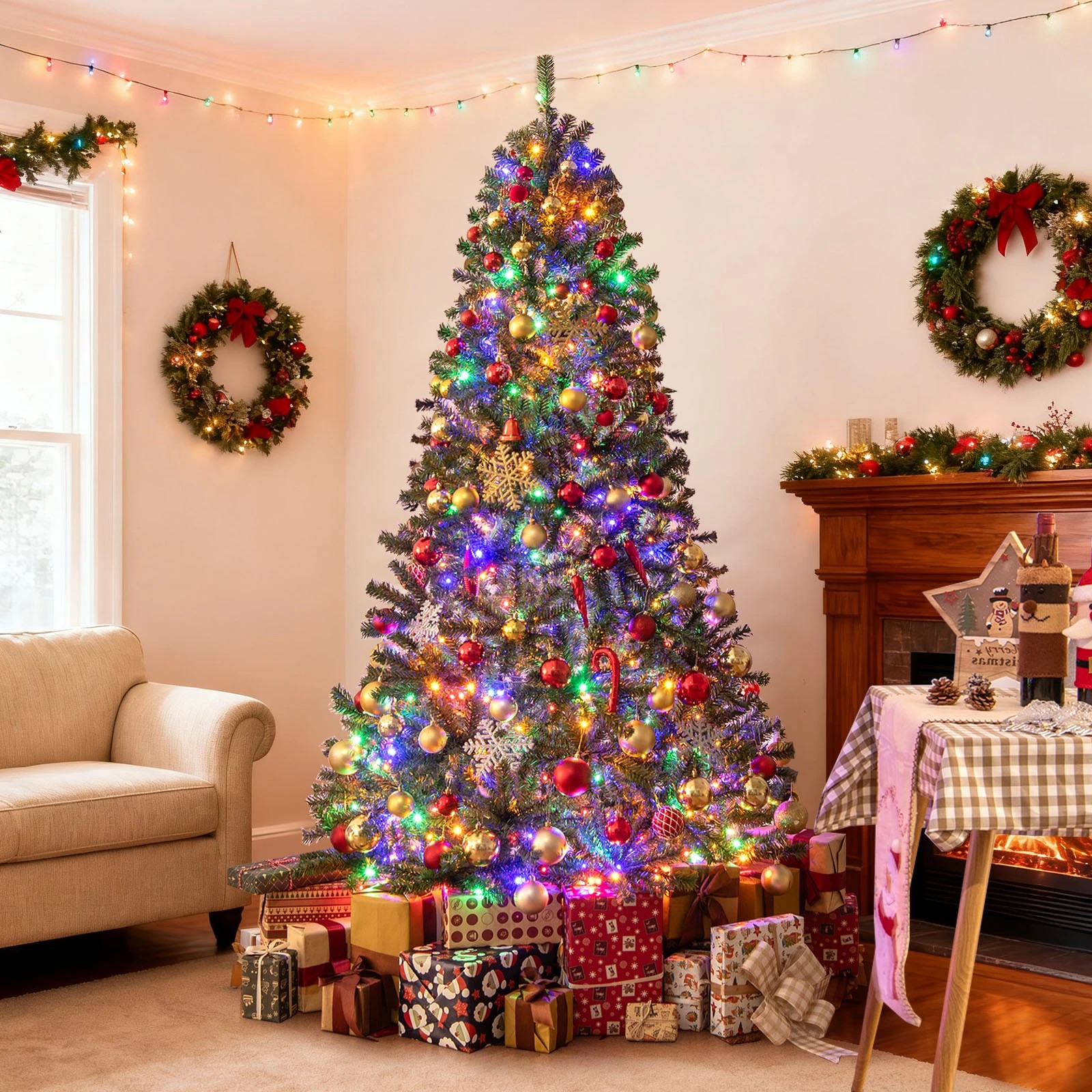 4 Costway 2.1M Pre-Lit Artificial Christmas Tree w/930 Multicolored LEDs Hinged Holiday Xmas Tree, 4 of 6