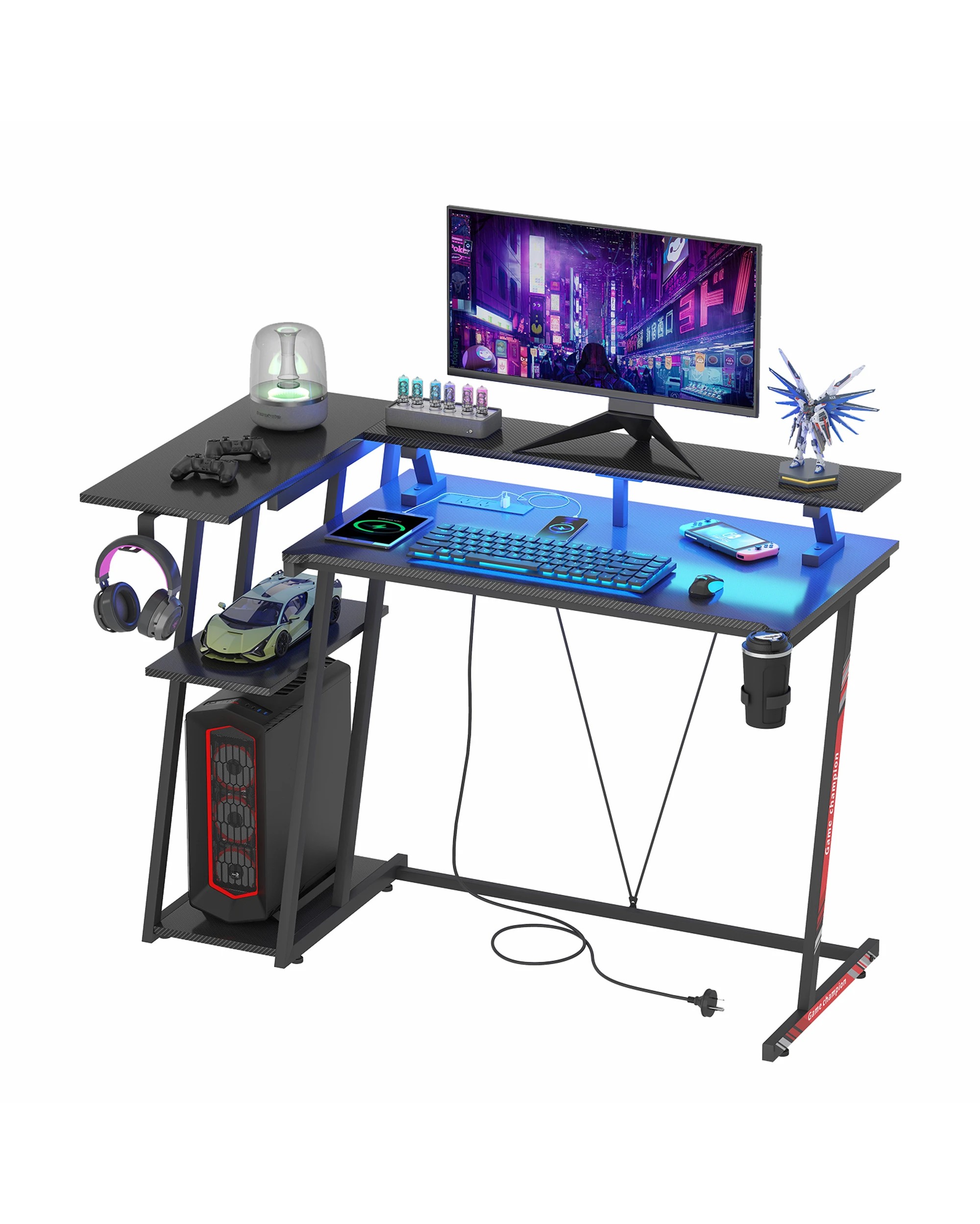 1 Advwin L Shaped Gaming Desk With Led Lights & Power Outlets 120cm - Black, 1 of 9