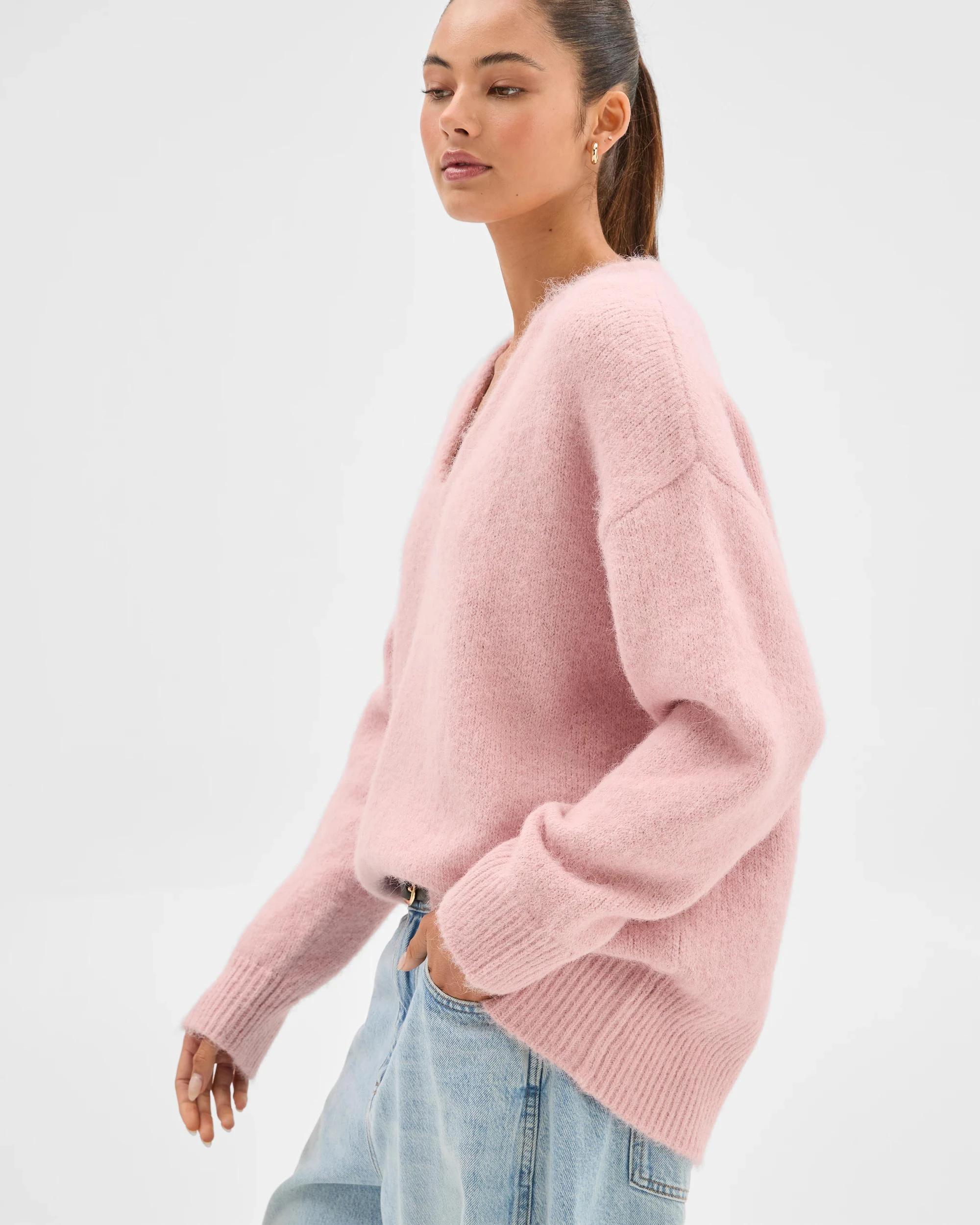 3 Lily Loves V-Neck Fluffy Knit Jumper DAHLIA PINK, 3 of 6