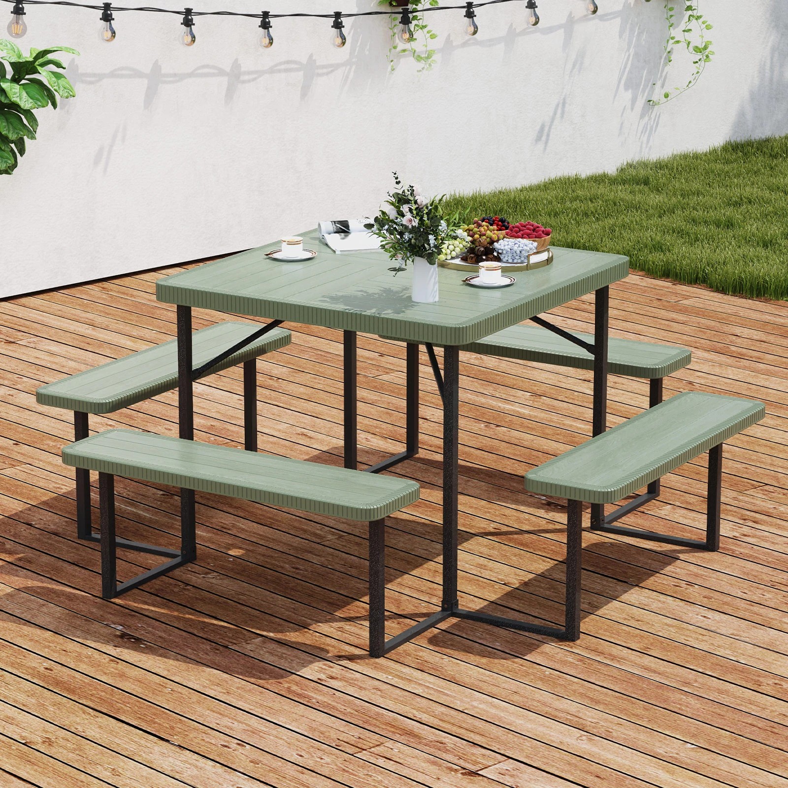 3 Costway Picnic Table Bench Set for 4-8 People w/All-Weather HDPE Tabletop & Umbrella Hole - Green, 3 of 3