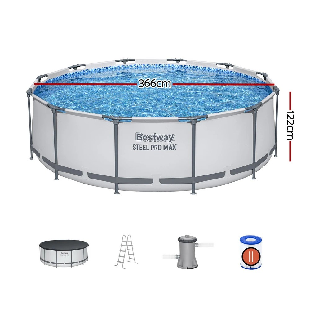 2 Bestway 366cm Swimming Pool Round w/ Filter Pump Cover Ladder - White, 2 of 5