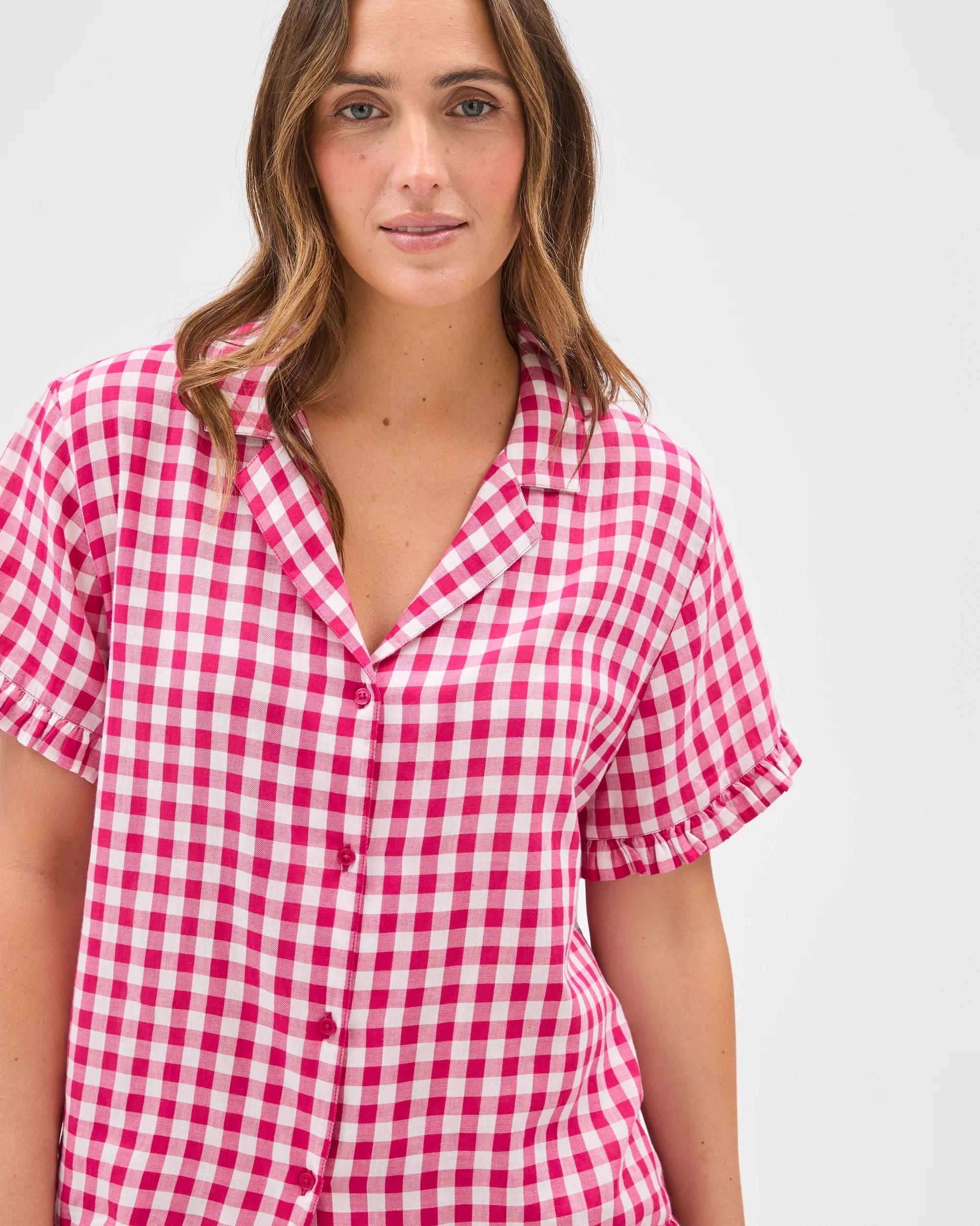 3 Target Womens Woven Frill Pyjama Set PINK FUSHIA GINGHAM, 3 of 7