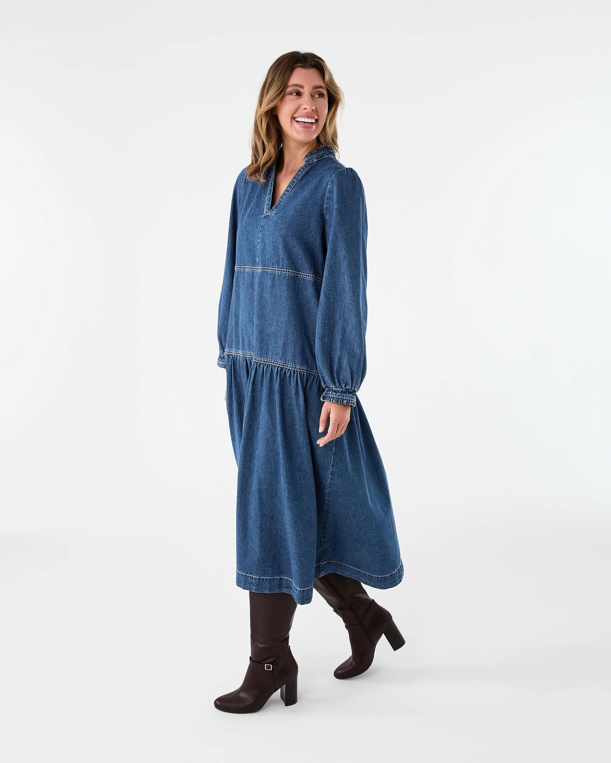 2 Long Sleeve Denim Notch Neck Maxi Dress Mid Wash, 2 of 7