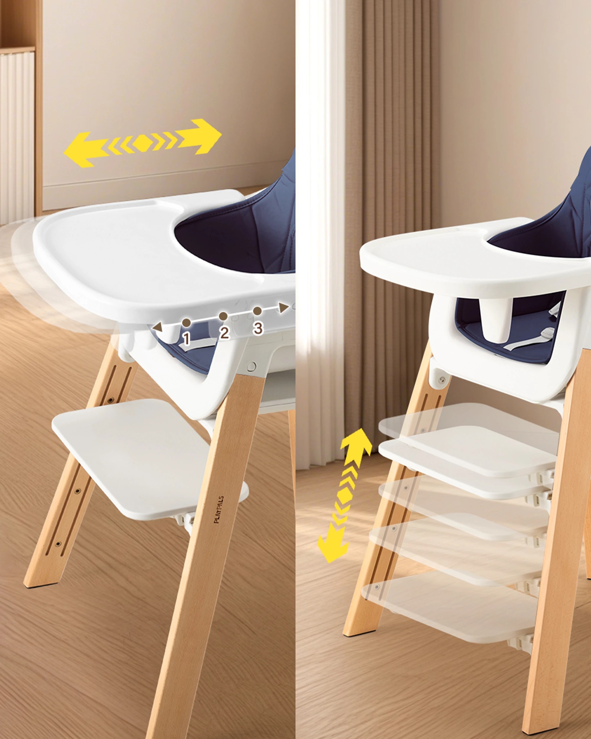 5 PlayPals 3-In-1 Baby High Chair Stable Wooden Feeding Chair Adjustable Tray & Footrest Blue, 5 of 9