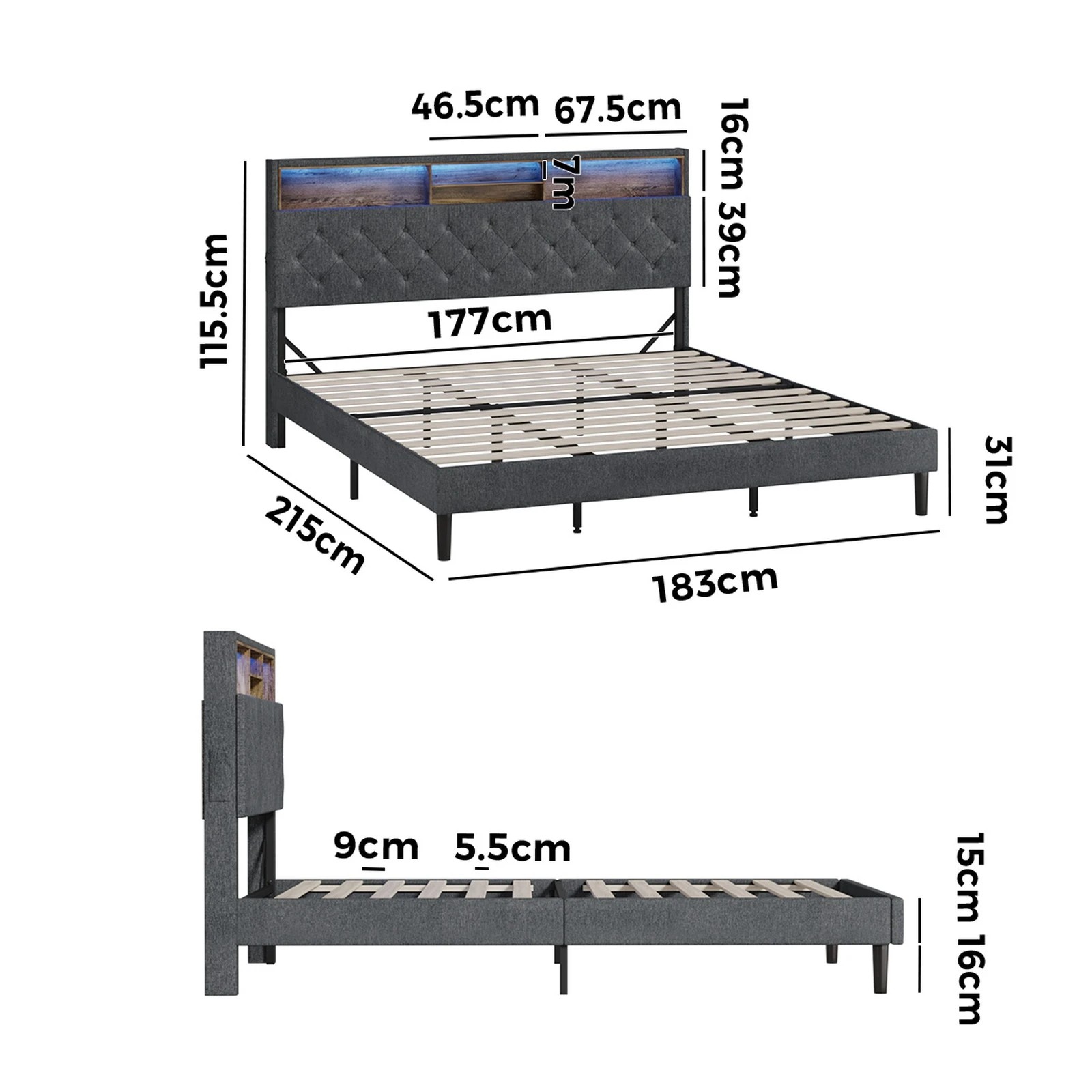 10 Oikiture King Bed With Led Storage Bedhead Bed Frame
 - Grey, 10 of 10