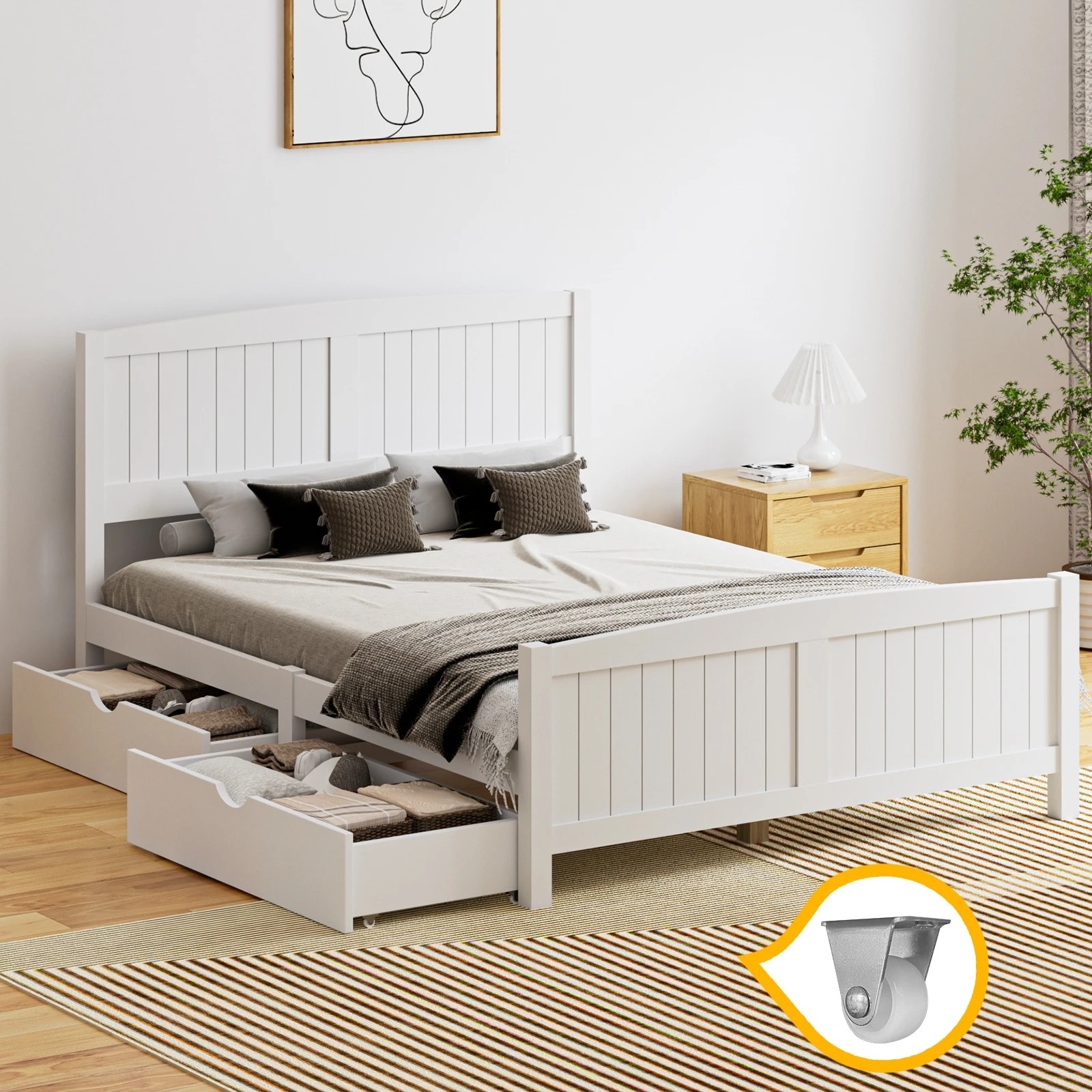 8 Oikiture Wooden Bed Frame Double Size Base With Trundle Storage Drawers
 - White, 8 of 8