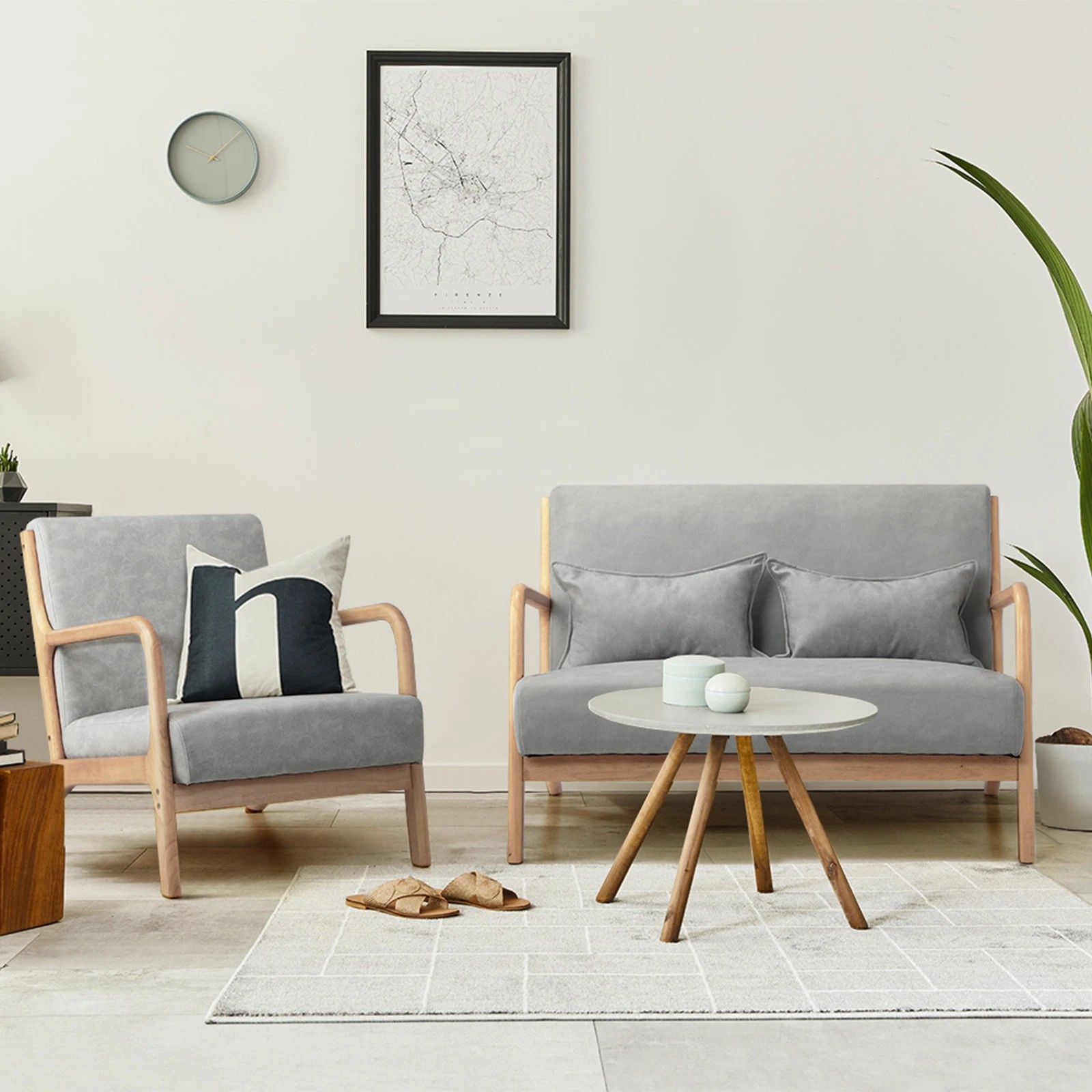 3 Oikiture 2PCS Armchair Lounge Chair set 1/2 Seater with 2 Pillows Fabric - Grey, 3 of 10