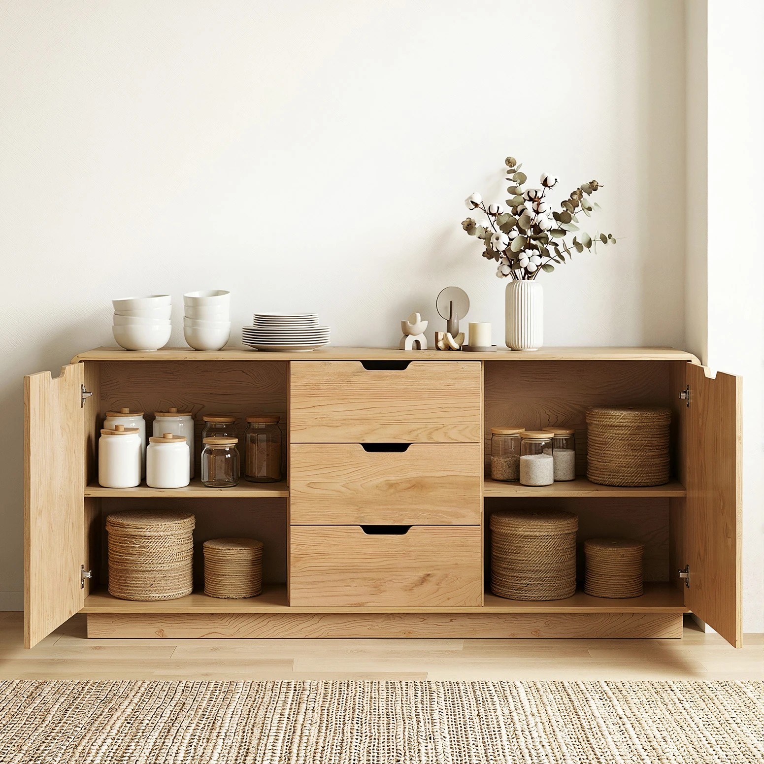 4 Artiss Buffet Sideboard Cabinet Storage Kitchen Cupboard Drawers Round Edge - Natural, 4 of 10