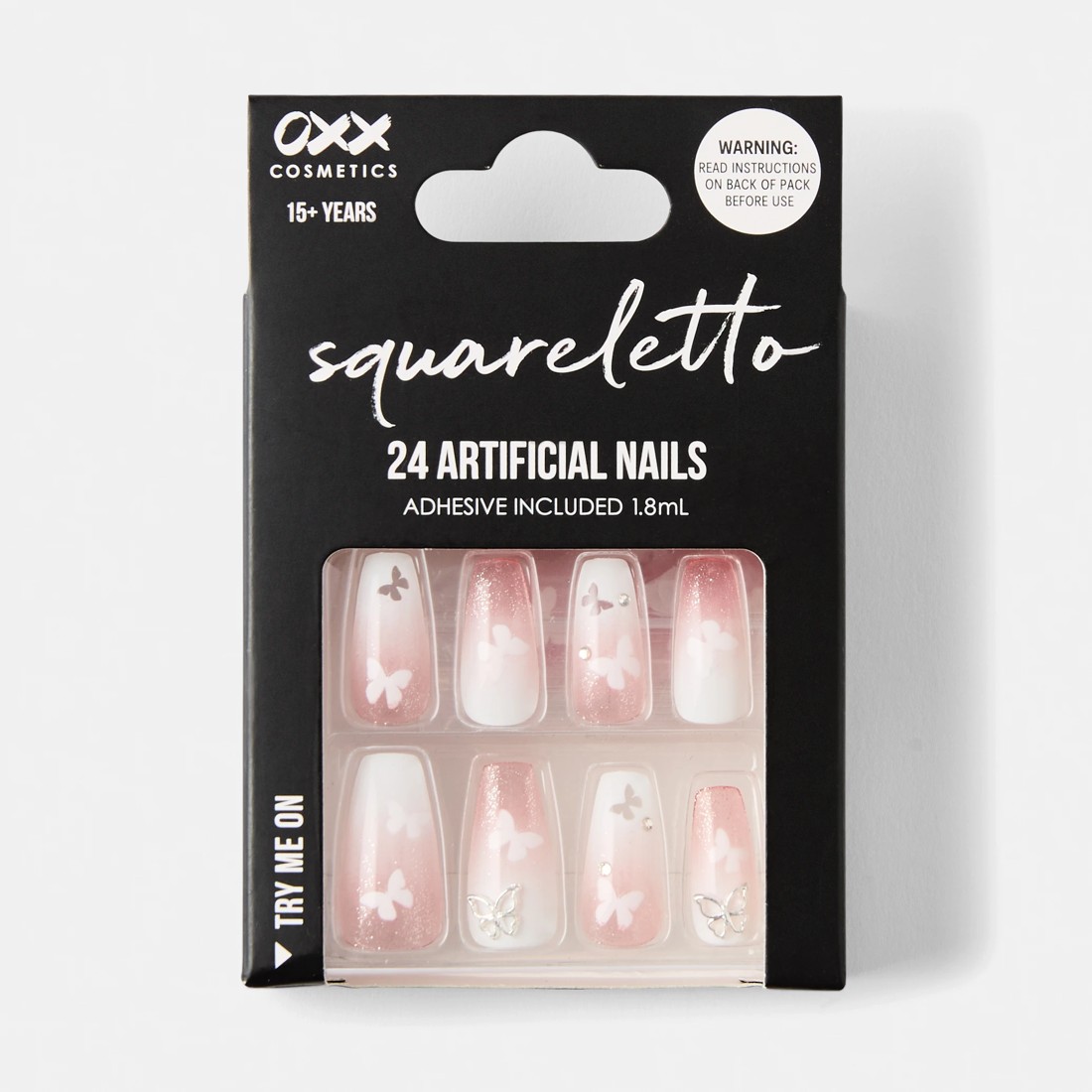 1 OXX Cosmetics 24 Pack Artificial Nails with Adhesive - Squareletto Shape, Butterfly, 1 of 5