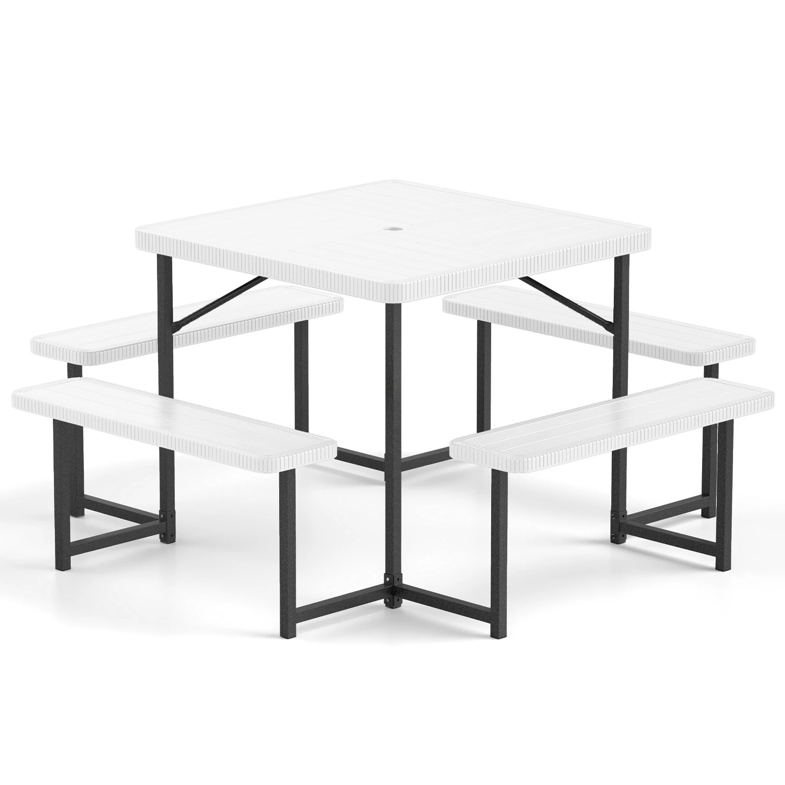 1 Costway Picnic Table Bench Set for 4-8 People w/All-Weather HDPE Tabletop & Umbrella Hole - White, 1 of 3