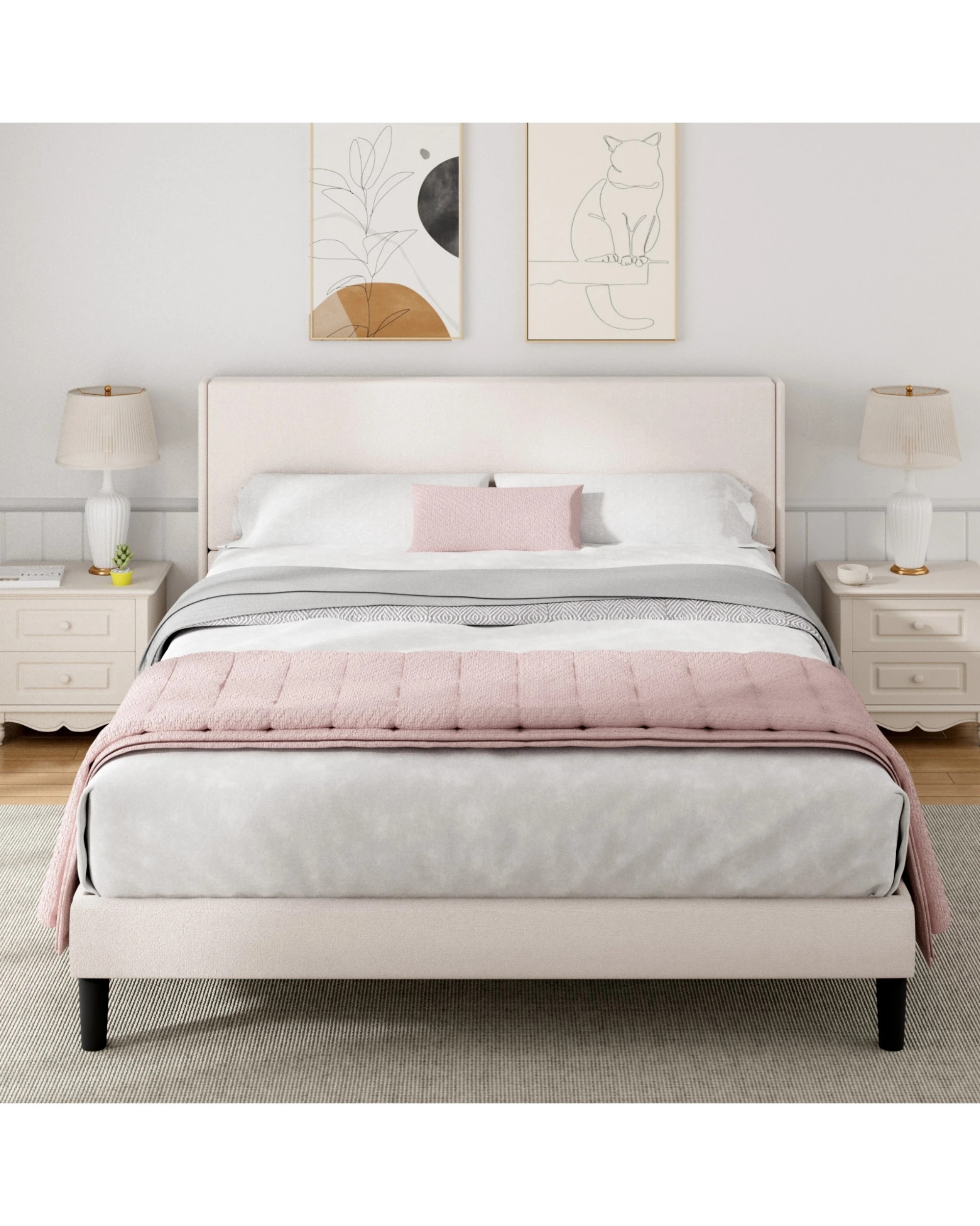 2 Advwin Bed Frame Double Size Mattress Base Upholstered Platform - Beige, 2 of 7