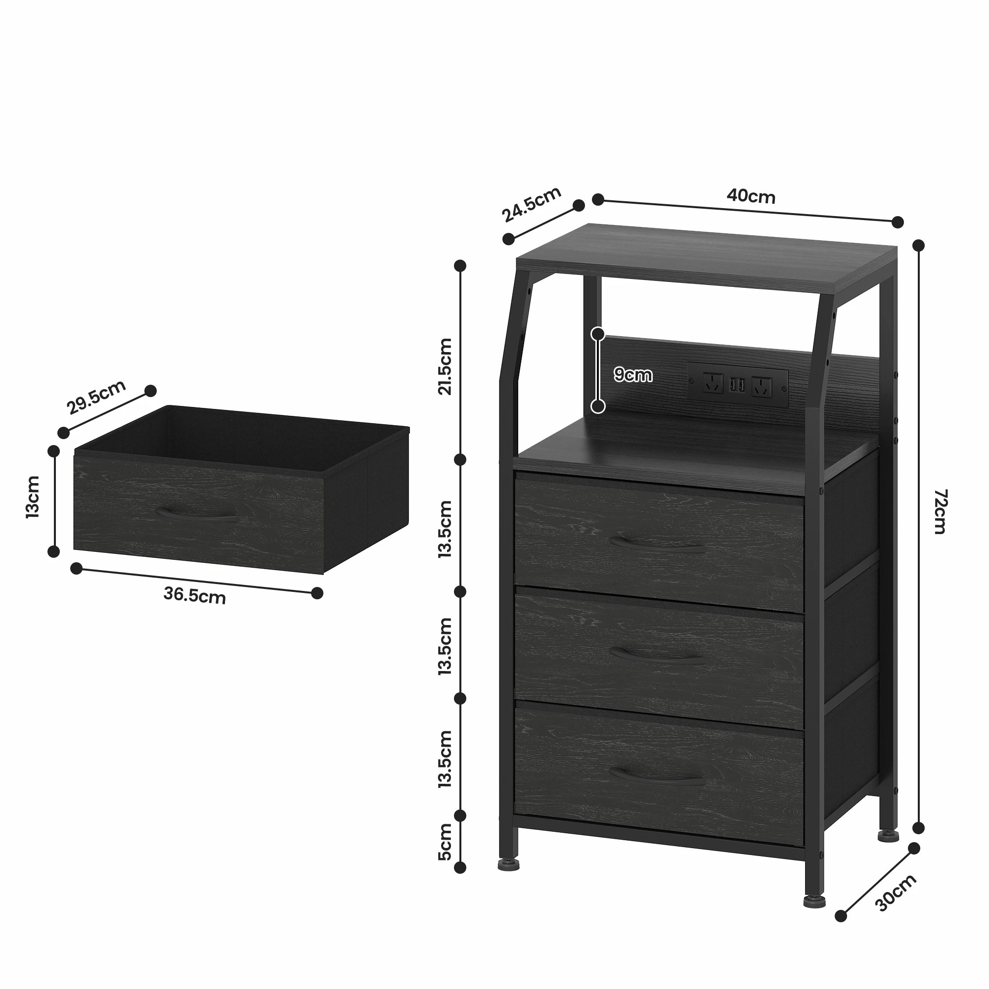 3 Advwin Bedside Table with Charging Station 3 Fabric Drawers Nightstand - Black, 3 of 10