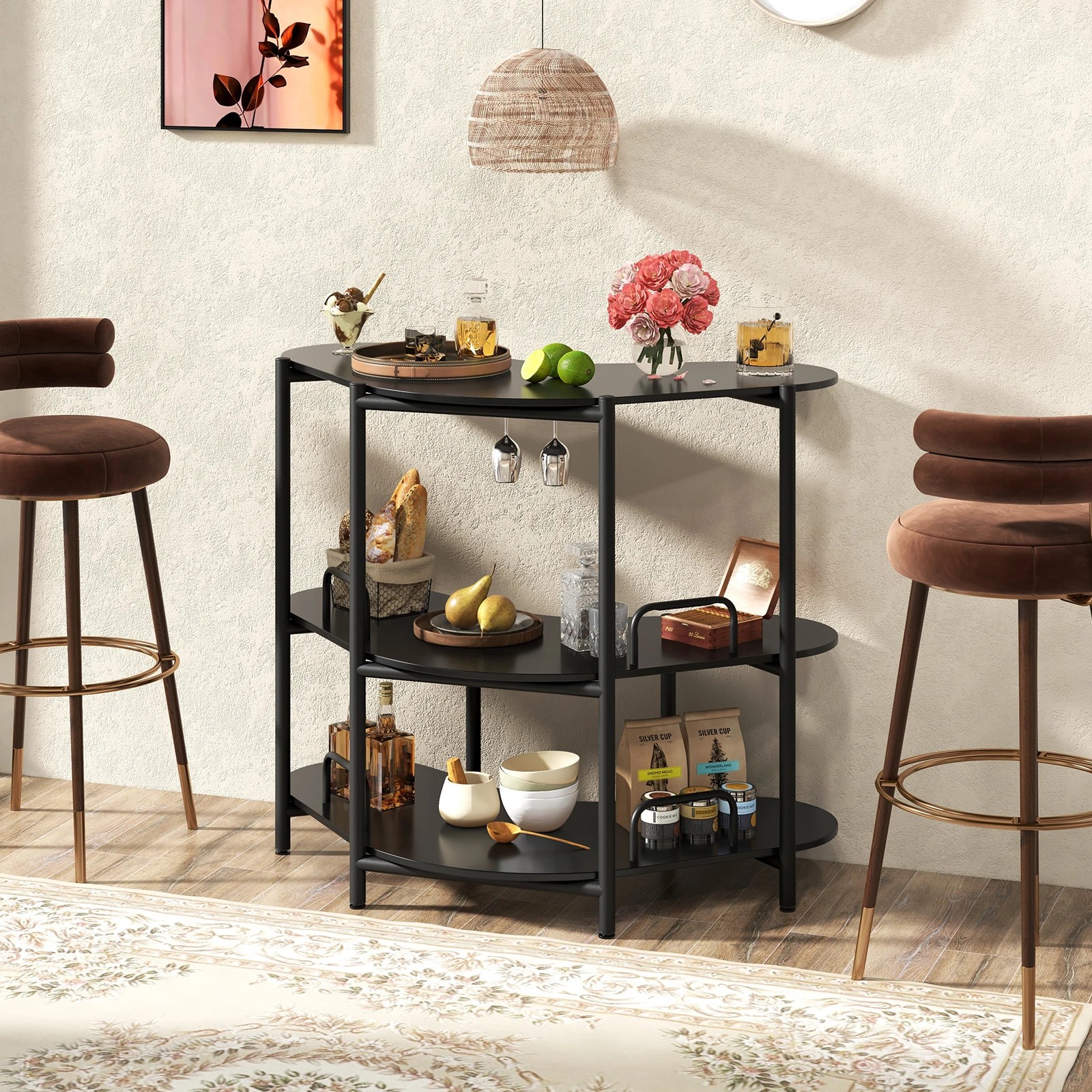 3 Costway 3 Tier Bar Table w/Wine Glass Holder Corner Shelf Side Coffee Table, 3 of 4