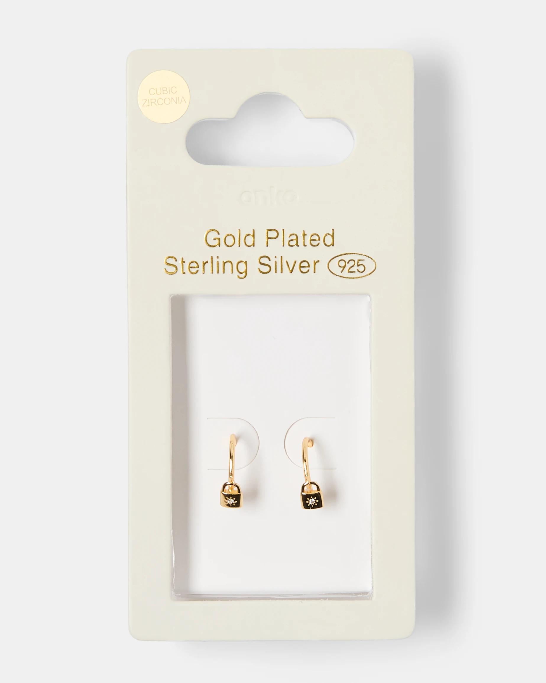 4 Gold Plated Sterling Silver 925 Cubic Zirconia Lock Huggie Hoop Earrings Gold, 4 of 4