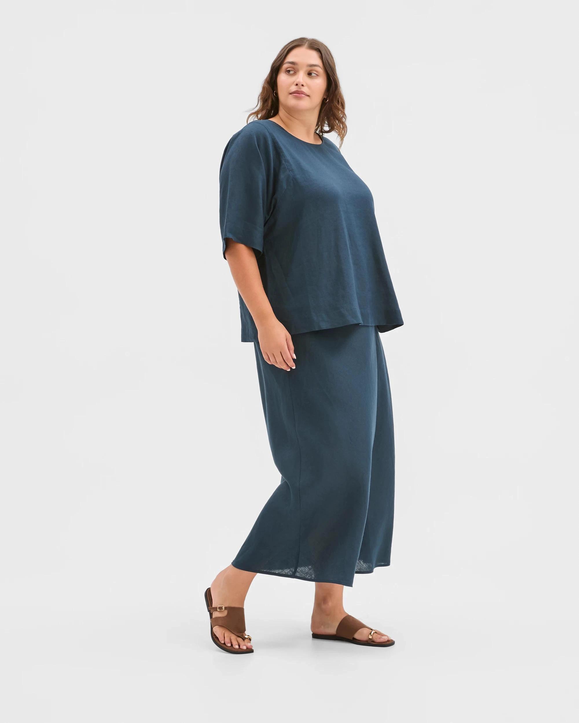 2 Target Curve Plus Size European Linen Seam Detail Midi Skirt SODALITE, 2 of 6
