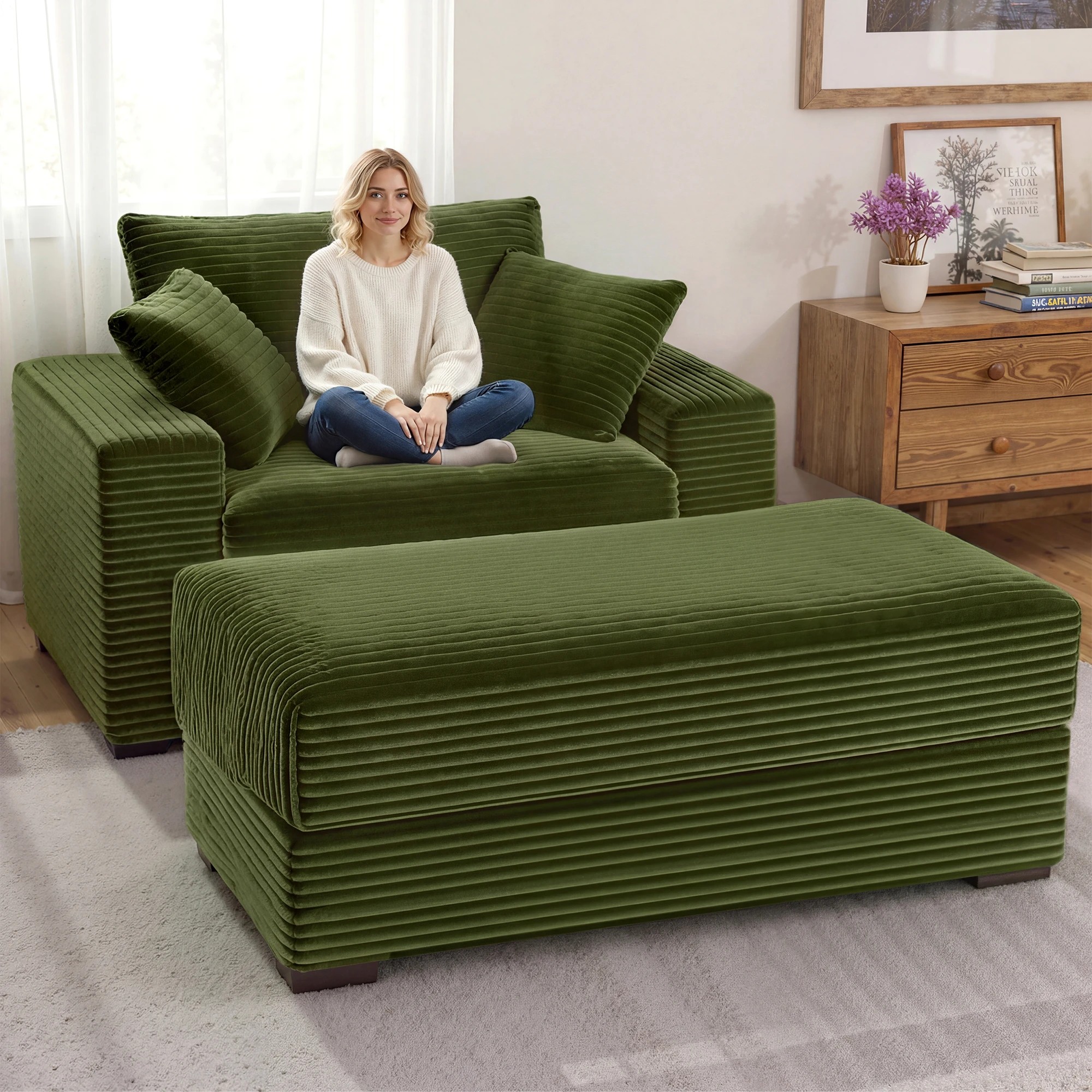 4 Advwin 146cm Chaise Lounge Chair with Storage Ottoman Fluffy Upholstered Sofa Bed - Green, 4 of 10