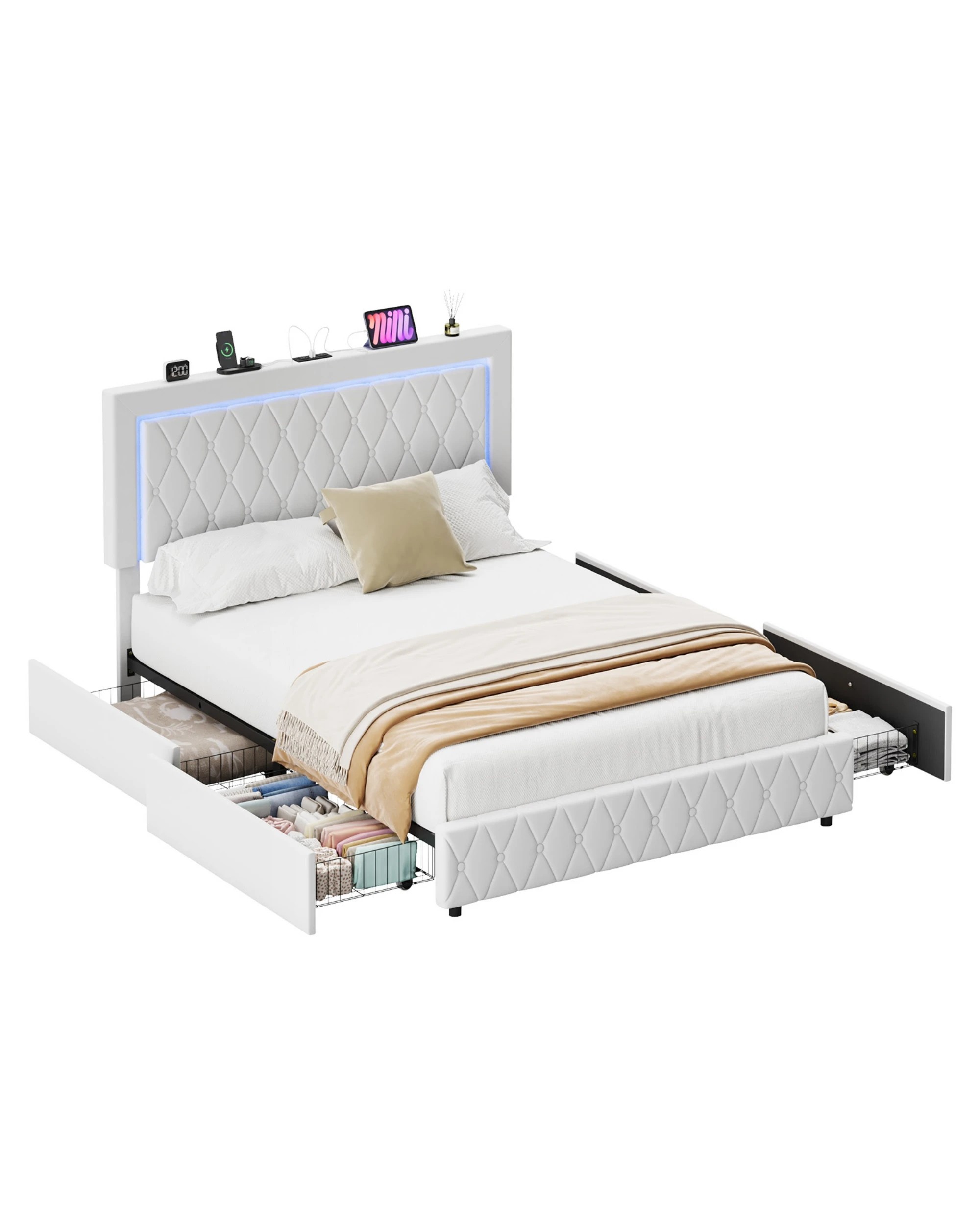 1 Advwin Double Velvet LED Bed Frame with Drawers and Charging - Beige, 1 of 8