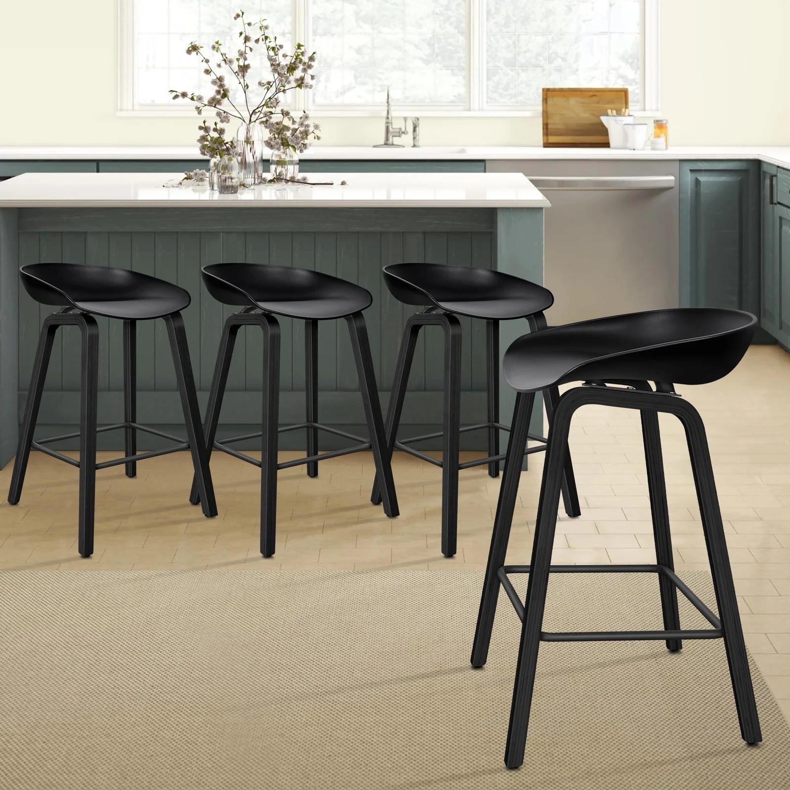 2 Alfordson 4x Kitchen Bar Stools Counter Wooden Chairs - Black, 2 of 8