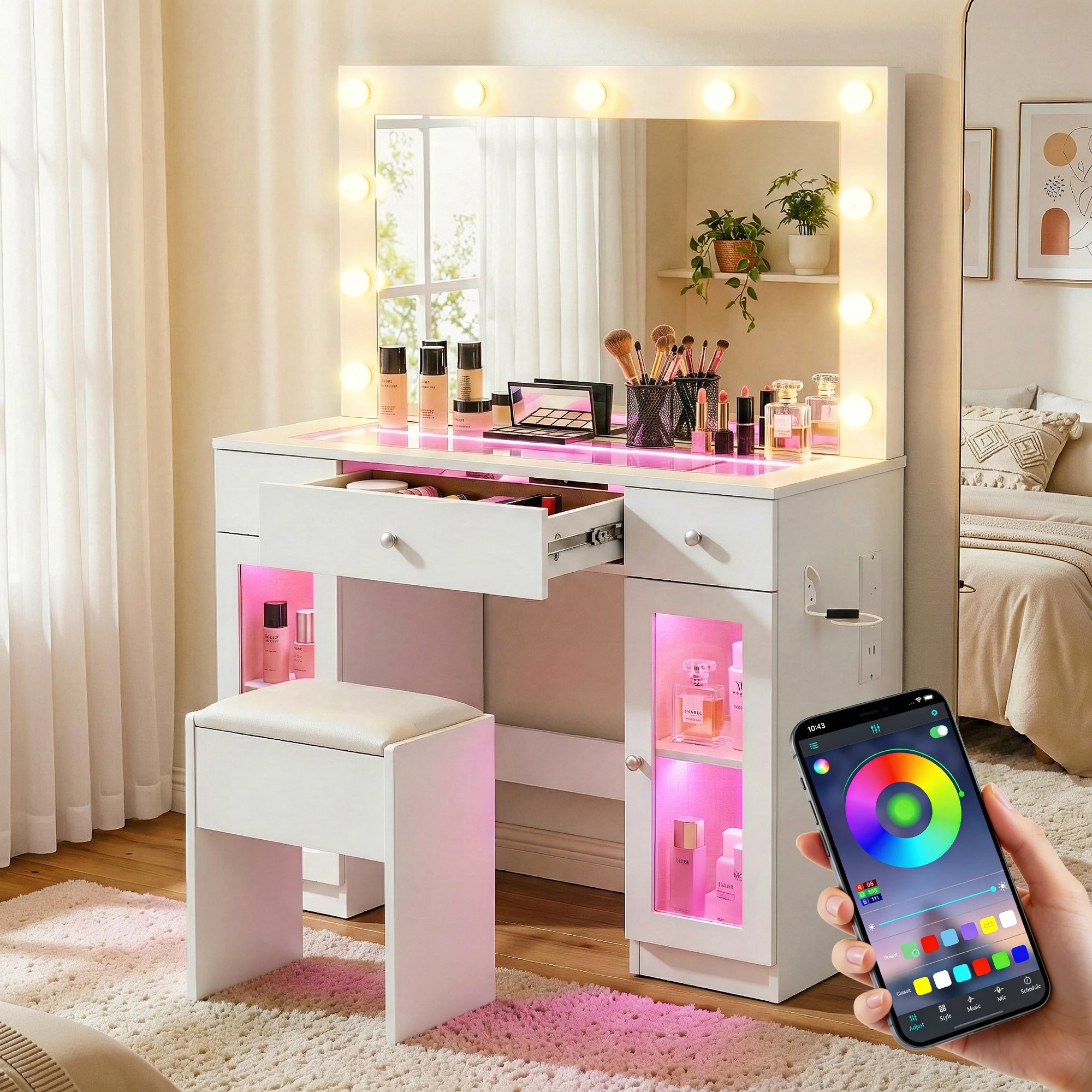 7 Artiss Dressing Table Vanity Desk Set LED Bulbs RGB Light - White, 7 of 9