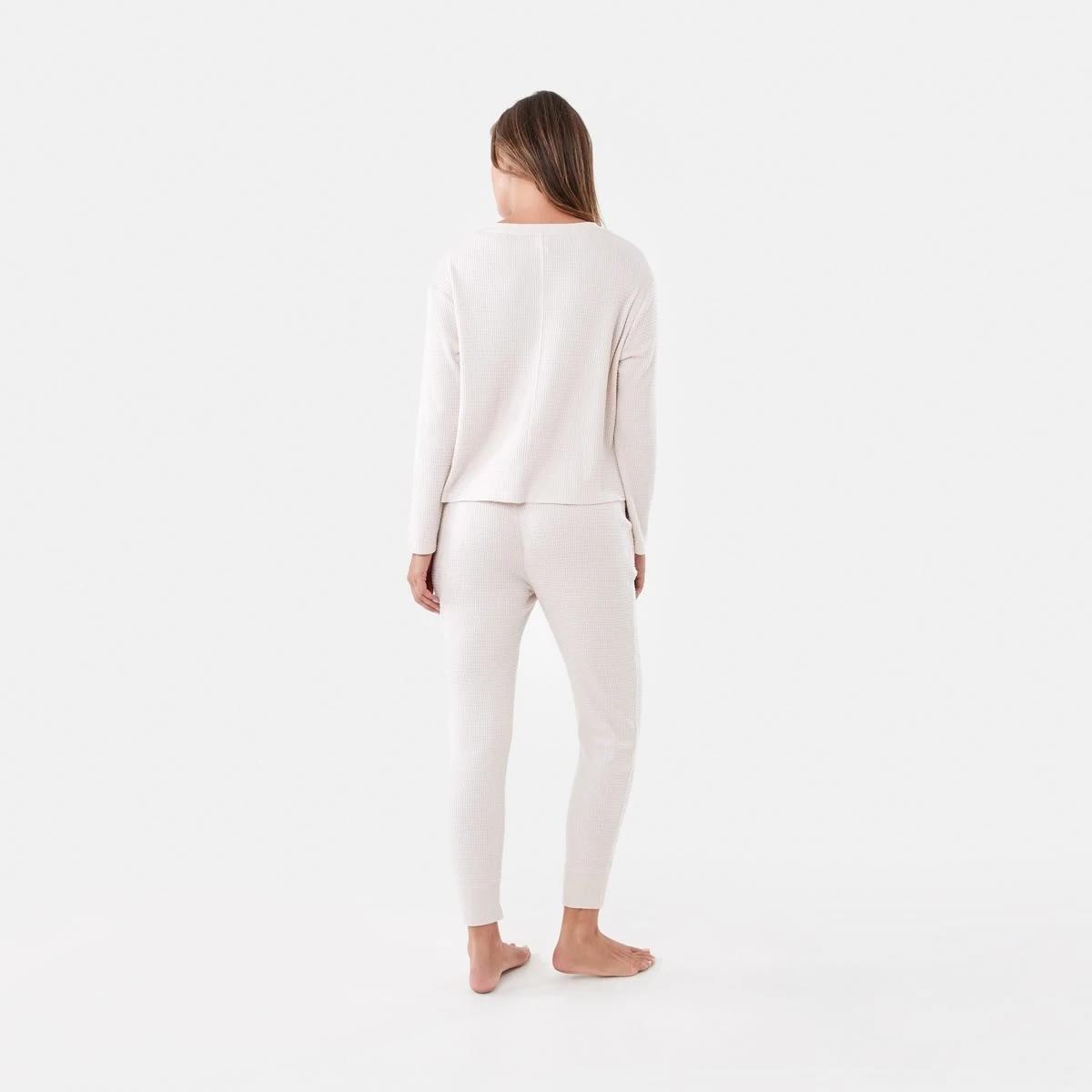 3 Waffle Long Sleeve Top and Pants Lounge Pyjama Set Beige Mrl, 3 of 7