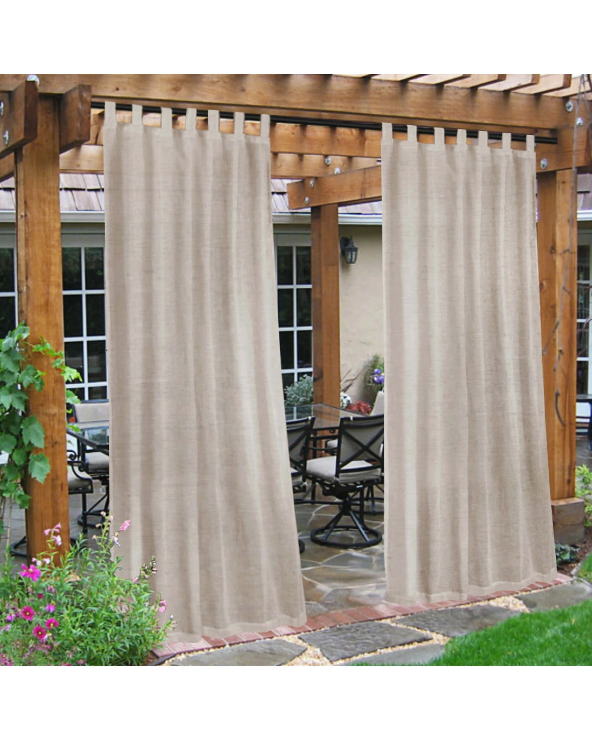 1 Smarcute Outdoor Linen Sheer Tab Top Curtain - 2X 132x241cm - Natural, 1 of 4