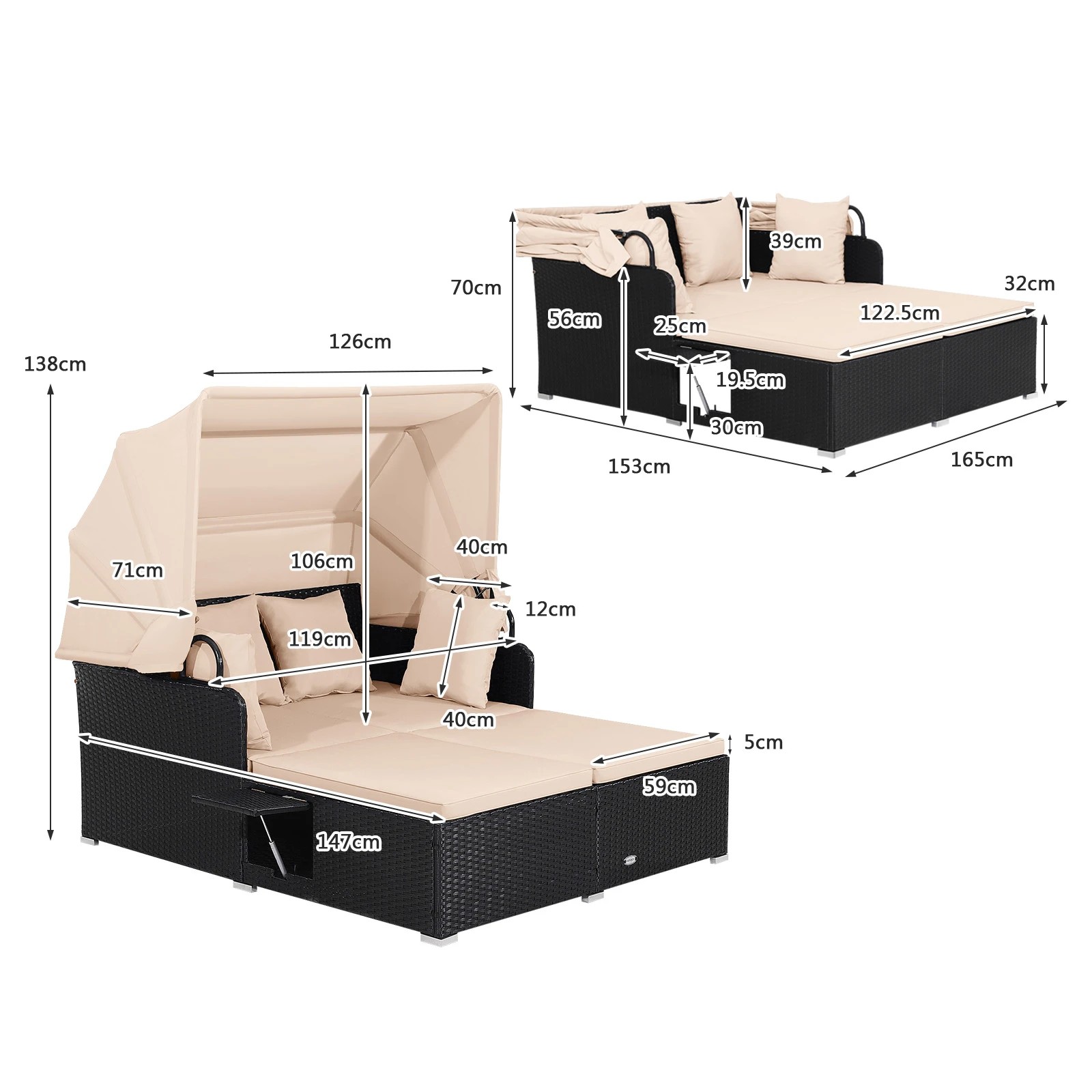 2 Costway 2-Person Outdoor Daybed Wicker Chaise Lounger Patio Sofa Set w/Canopy - Beige, 2 of 2