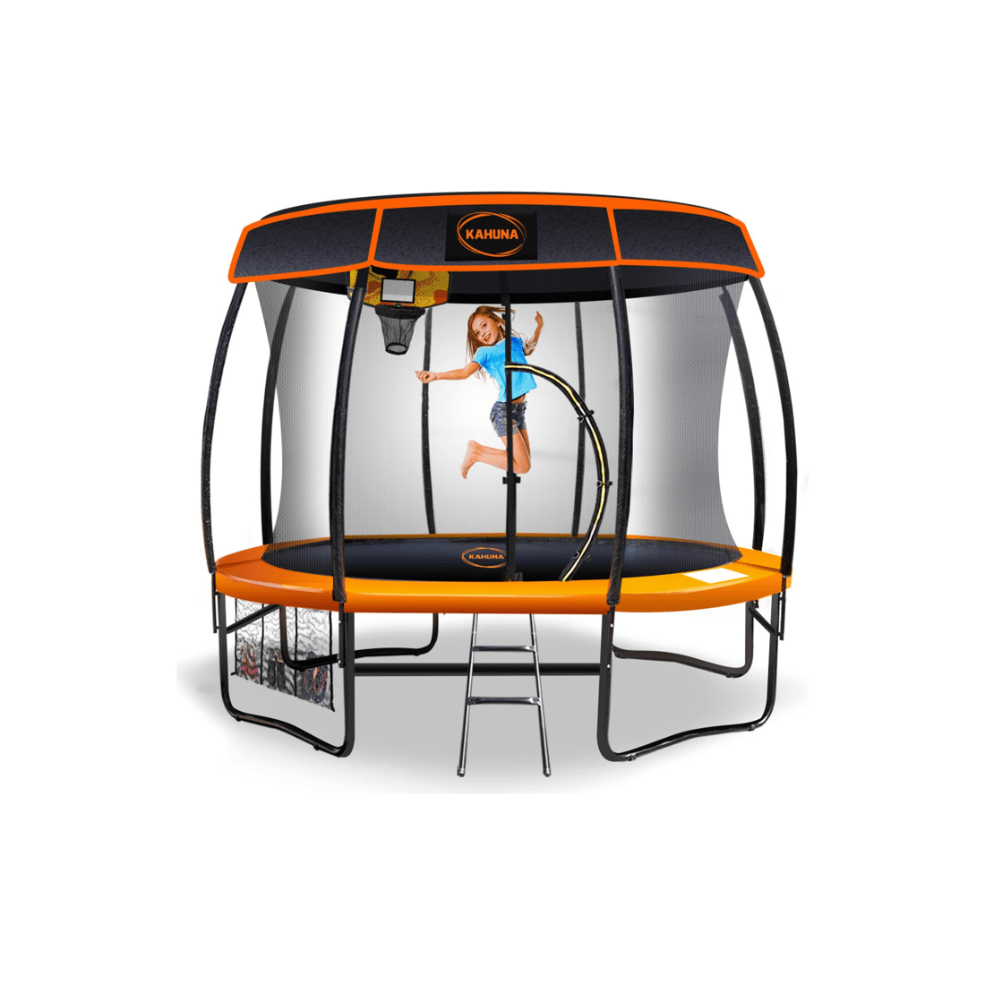 1 Kahuna Trampoline 10 ft with Basketball Set and Roof - Orange, 1 of 6
